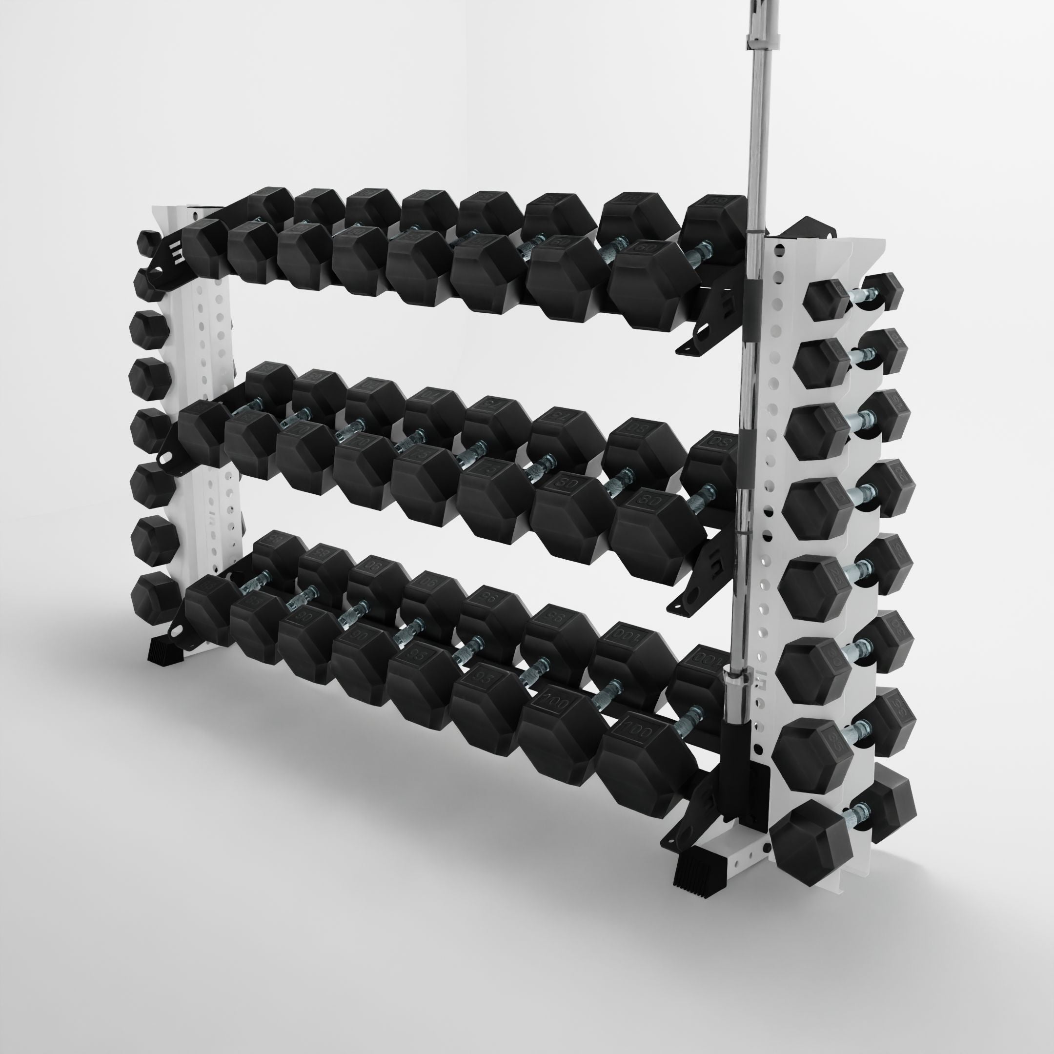 white 70-inch alpha 3-tier horizontal dumbbell rack with vertical add-ons storing dumbbells and a barbell using a storage attachment accessory