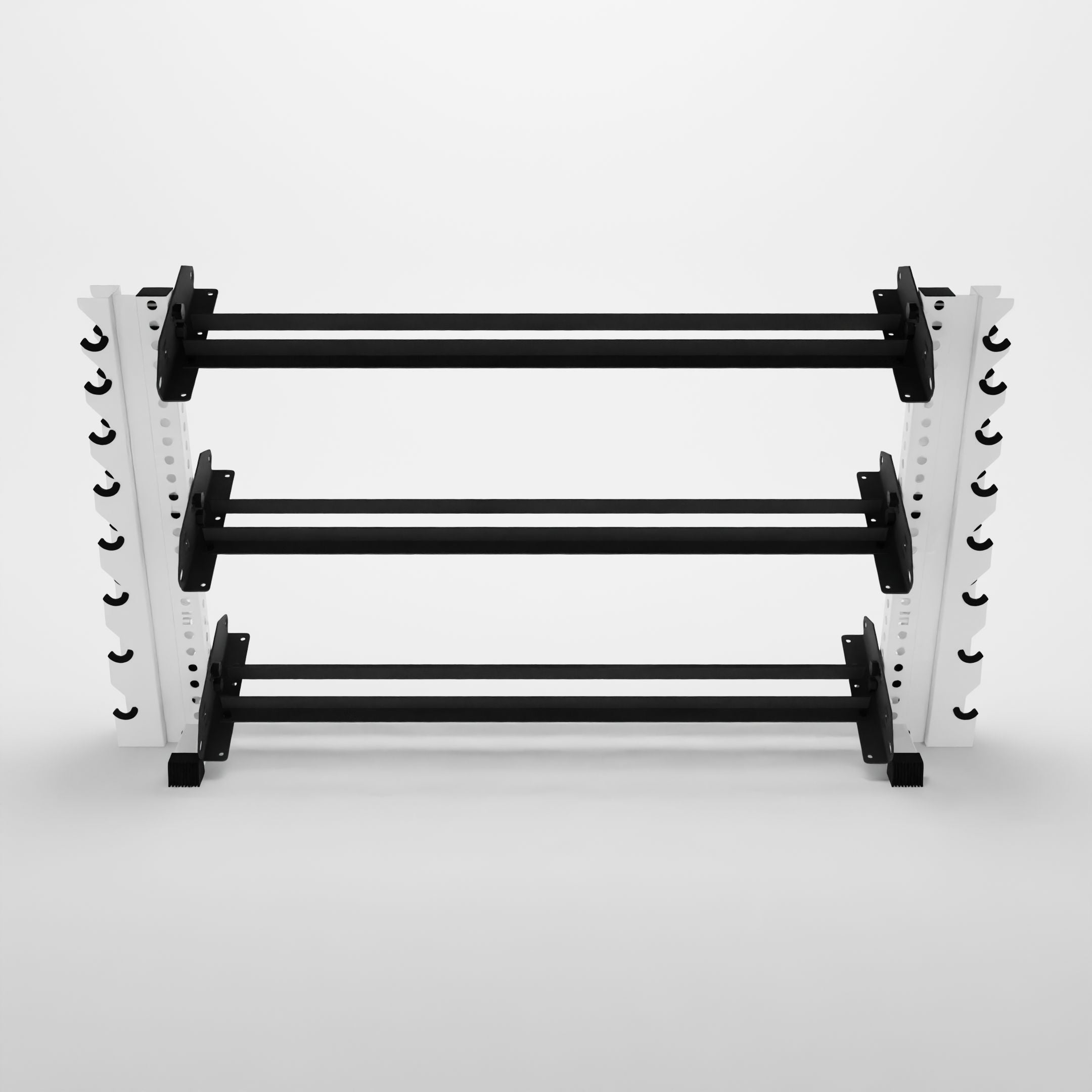 white 70-inch alpha 3-tier horizontal dumbbell rack with vertical add-ons