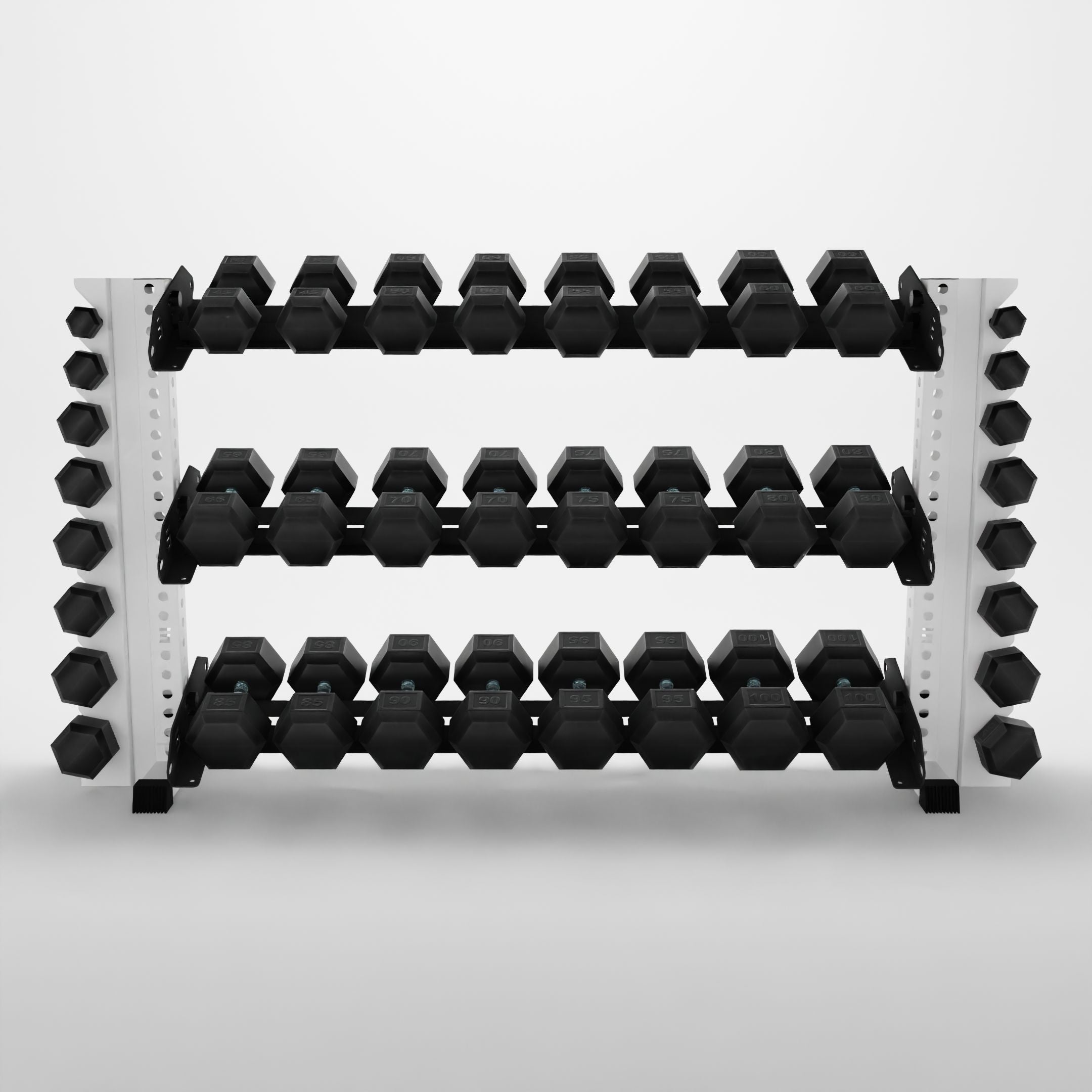 white 70-inch alpha 3-tier horizontal dumbbell rack with vertical add-ons storing hex dumbbells