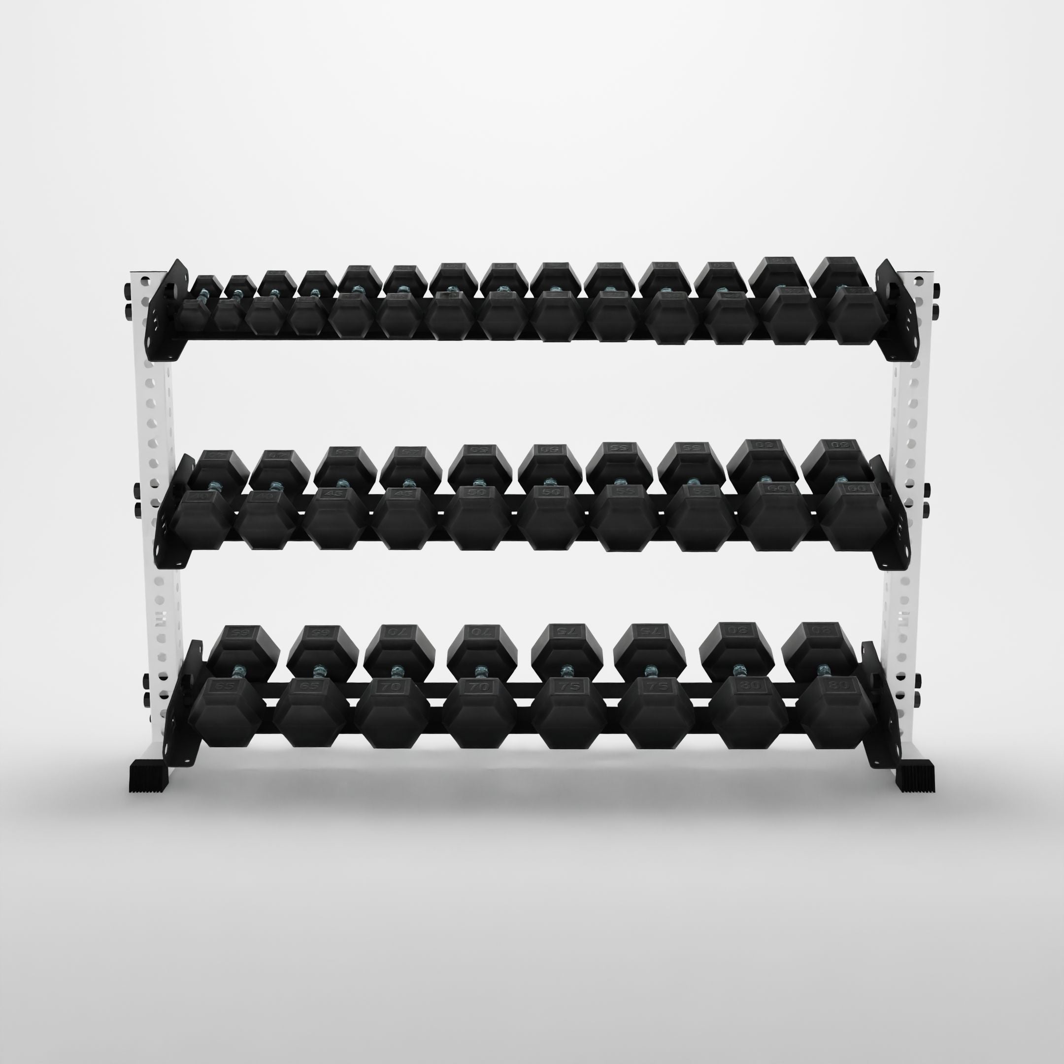 white 70-inch alpha 3-tier horizontal dumbbell rack storing hex dumbbells