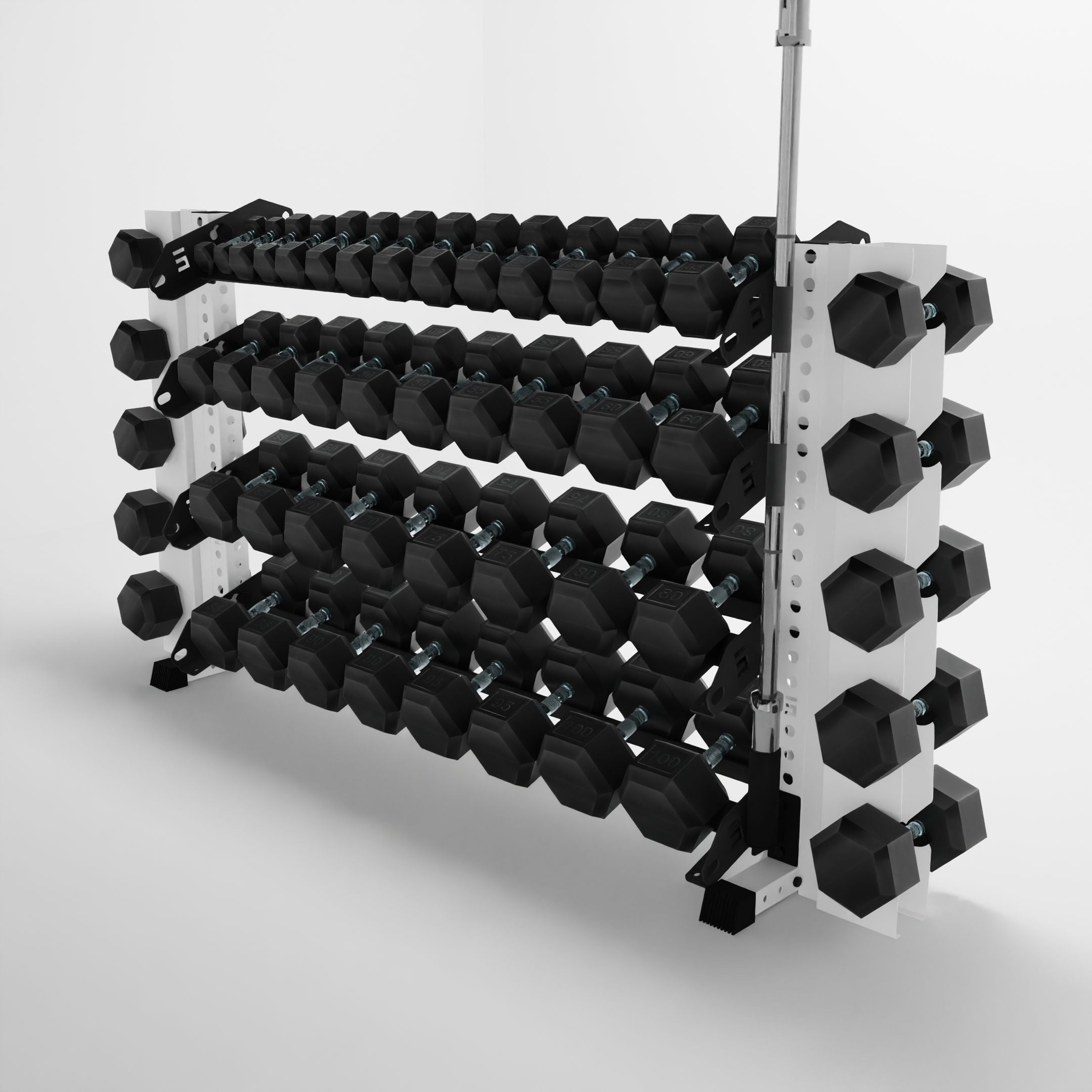 white 70-inch alpha 4-tier horizontal dumbbell rack with elite vertical add-ons storing hex dumbbells and a barbell using a storage attachment accessory