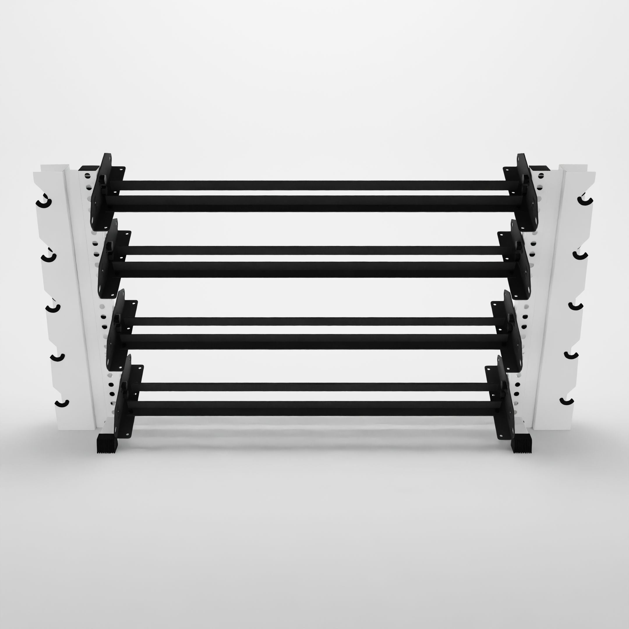 white 70-inch alpha 4-tier horizontal dumbbell rack with elite vertical add-ons