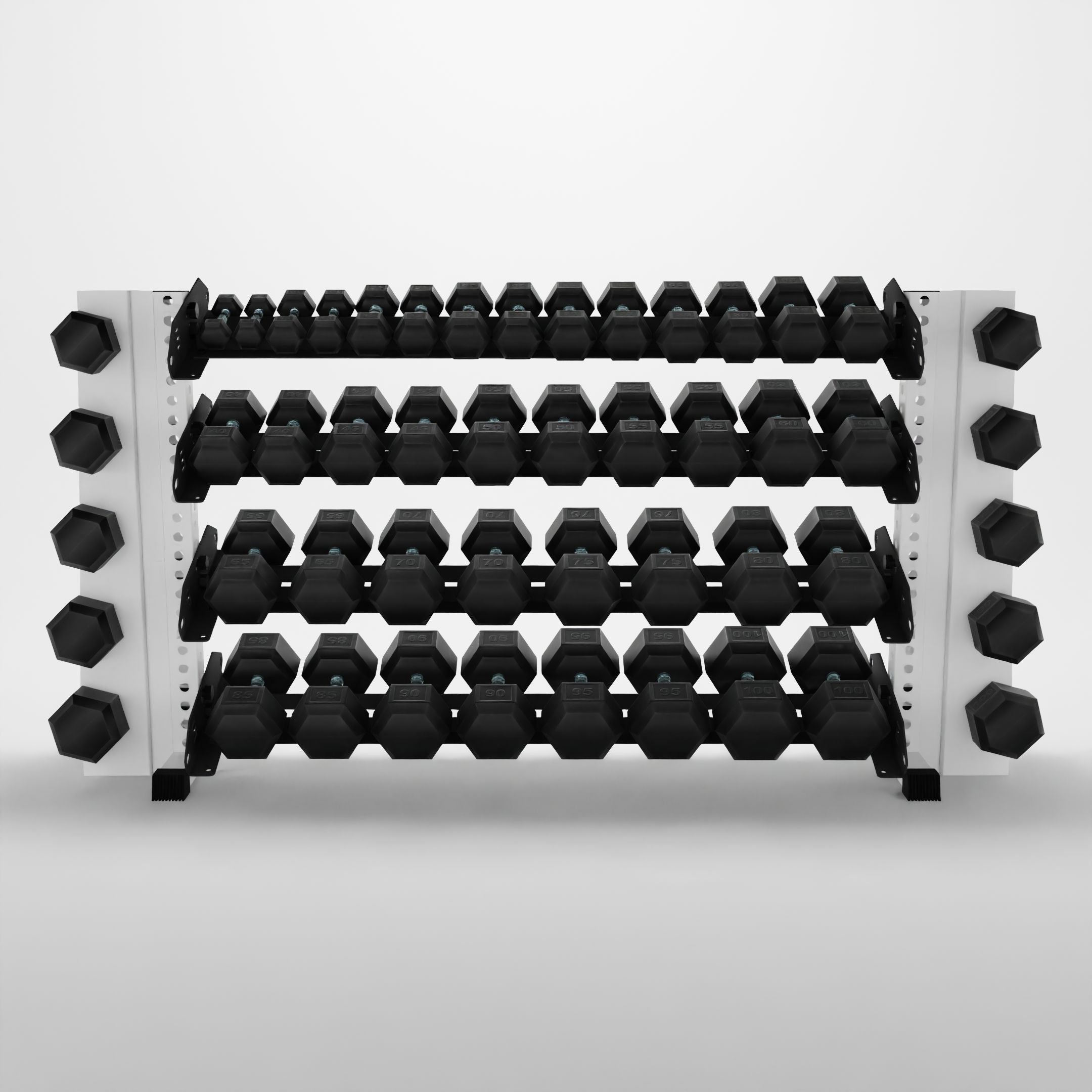 white 70-inch alpha 4-tier horizontal dumbbell rack with elite vertical add-ons storing hex dumbbells