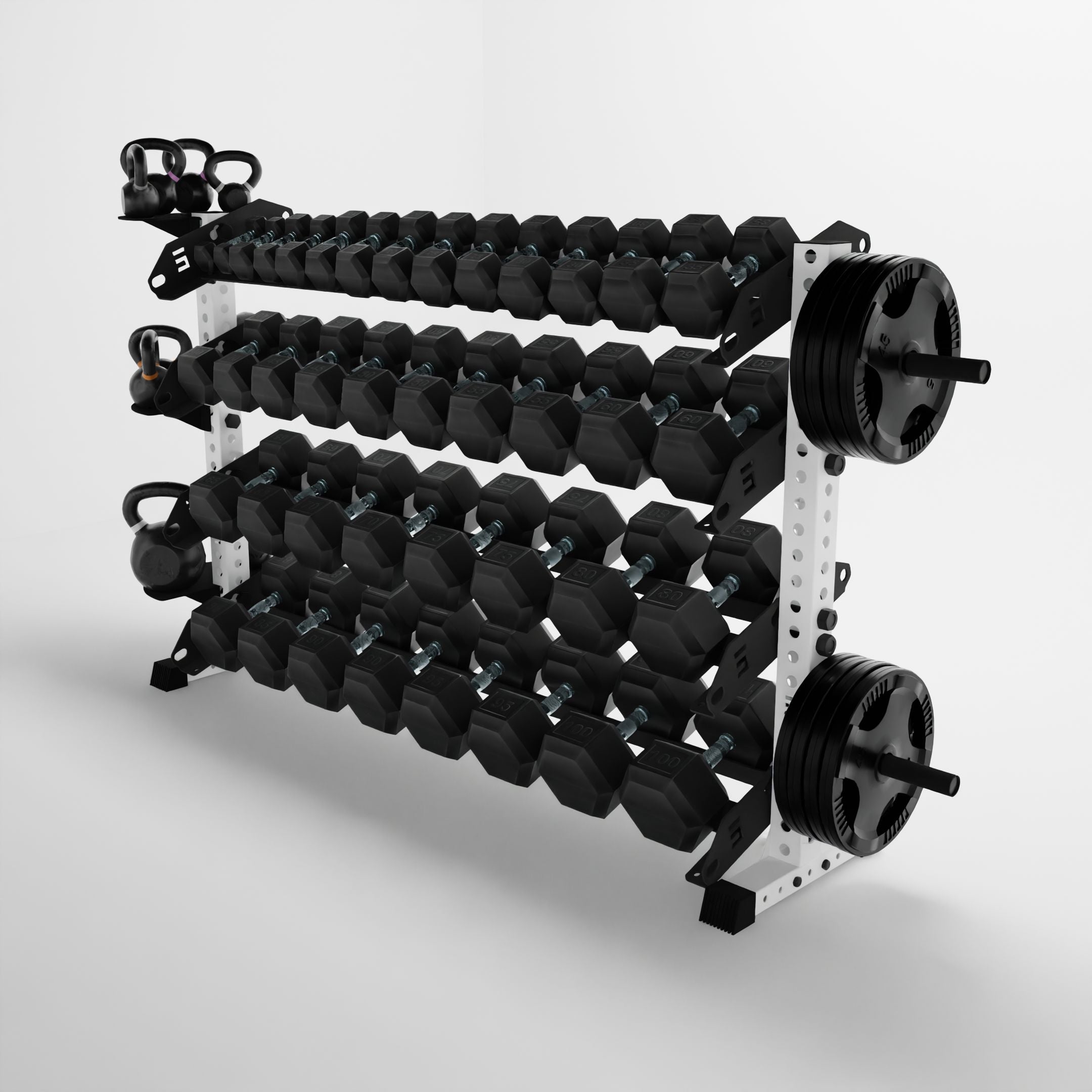 white 70-inch alpha 4-tier horizontal dumbbell rack storing dumbbells, weight plates, and kettlebells using storage attachment accessories