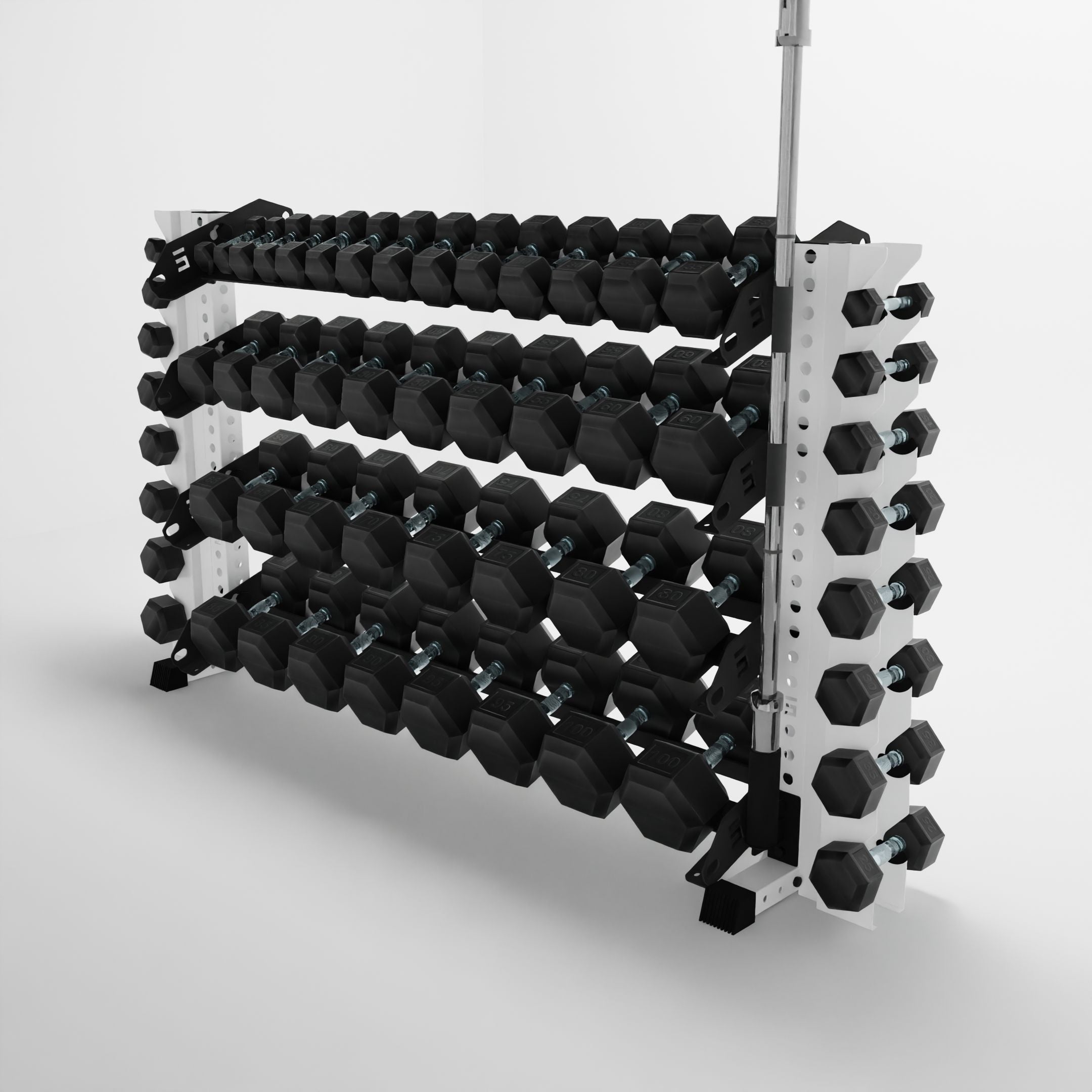 white 70-inch alpha 4-tier horizontal dumbbell rack with vertical add-ons storing hex dumbbells and a barbell using a storage attachment accessory