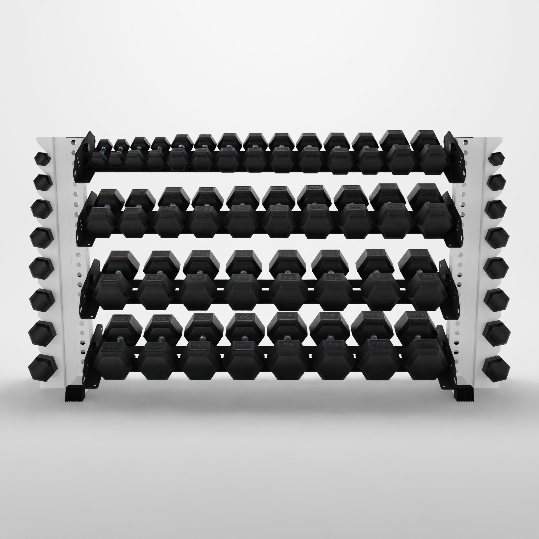 white 70-inch alpha 4-tier horizontal dumbbell rack with vertical add-ons storing hex dumbbells