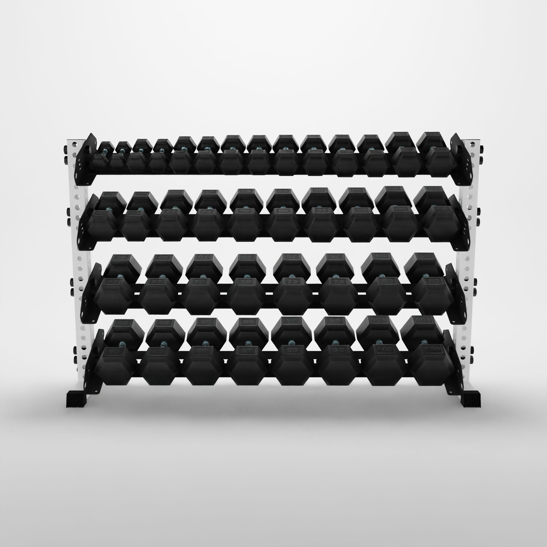 white 70-inch alpha 4-tier horizontal dumbbell rack storing hex dumbbells