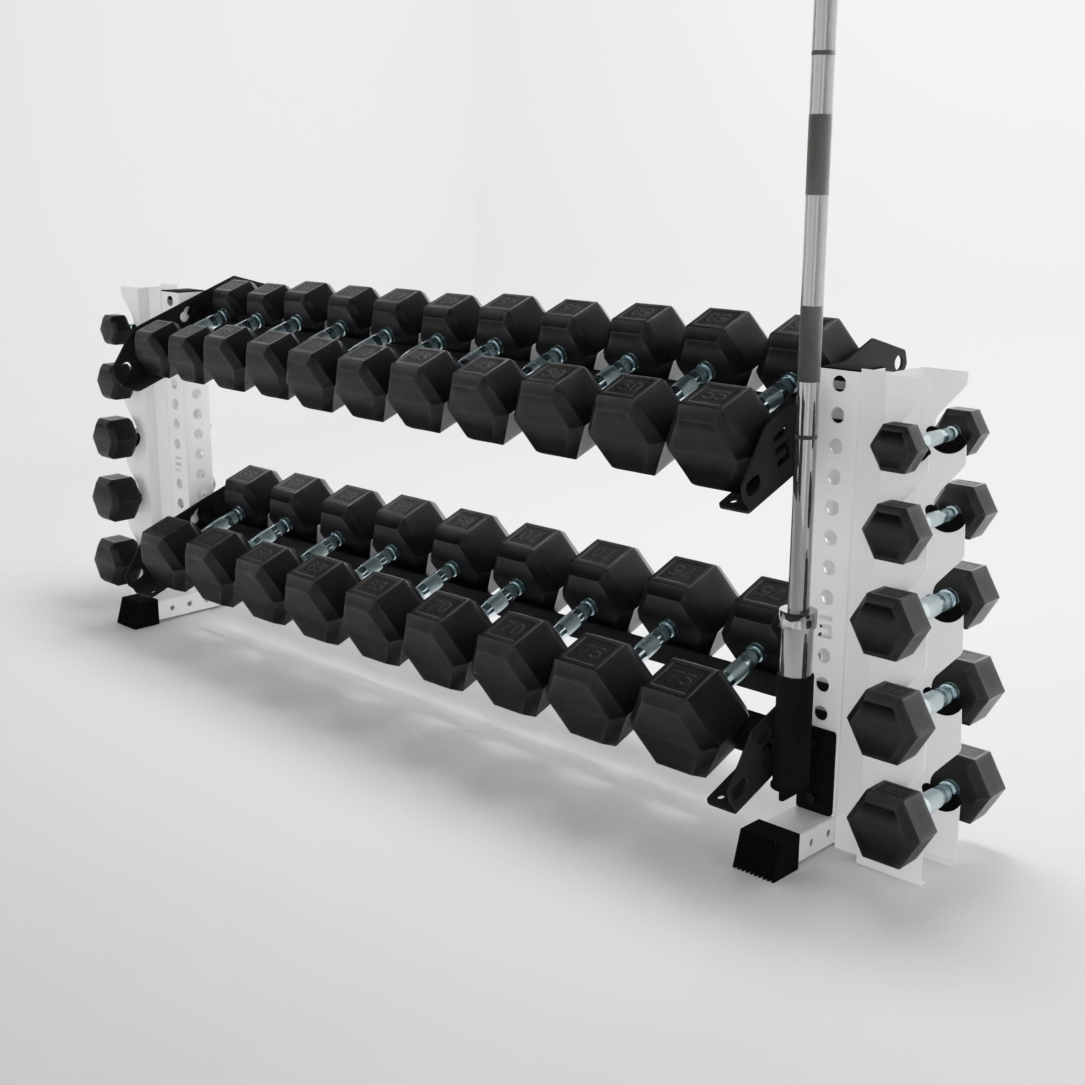 white 70-inch bravo 2-tier horizontal dumbbell rack with vertical add-ons storing dumbbells and a barbell using a storage attachment accessory