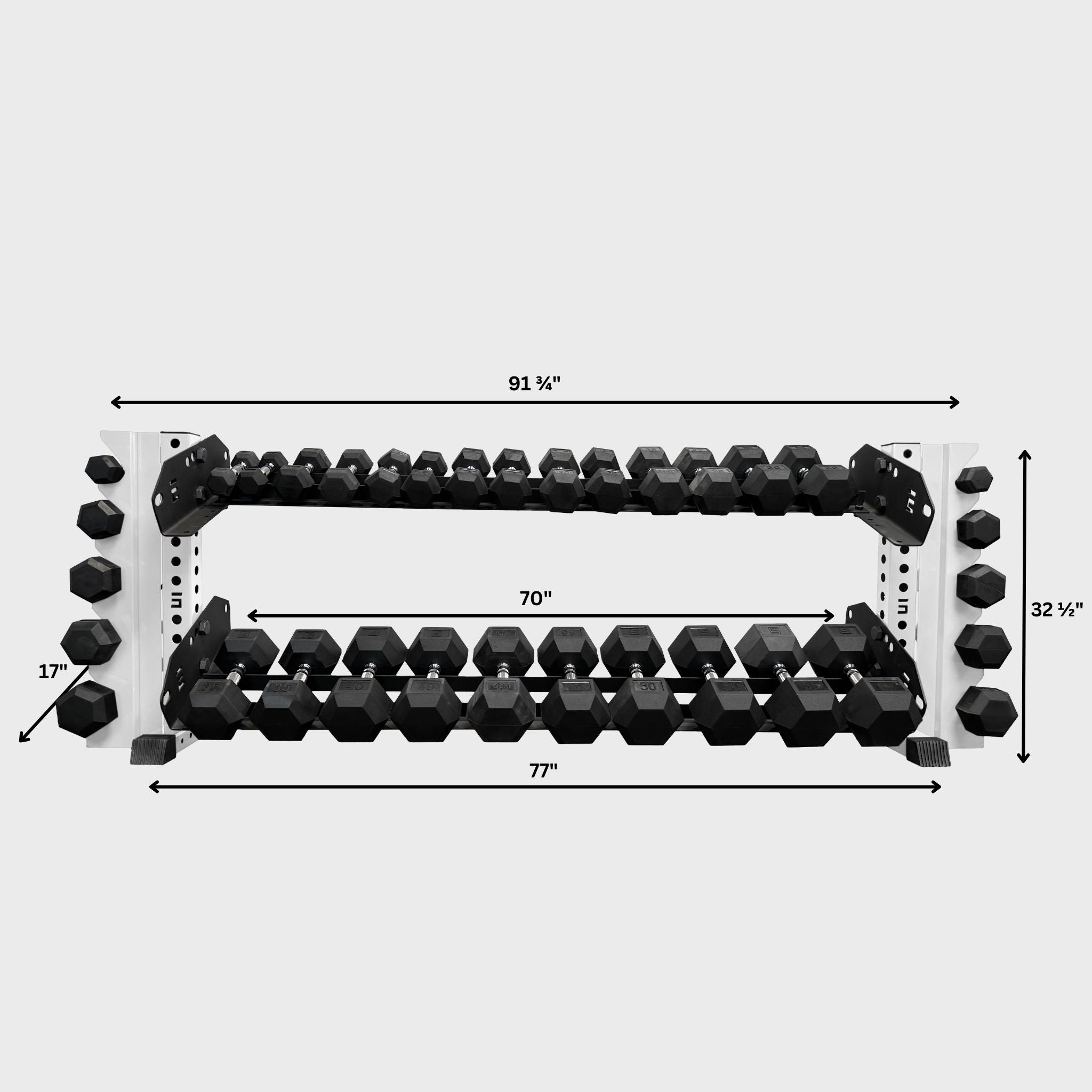 white 70-inch bravo 2-tier horizontal dumbbell storage rack loaded with hex dumbbells and its product dimensions