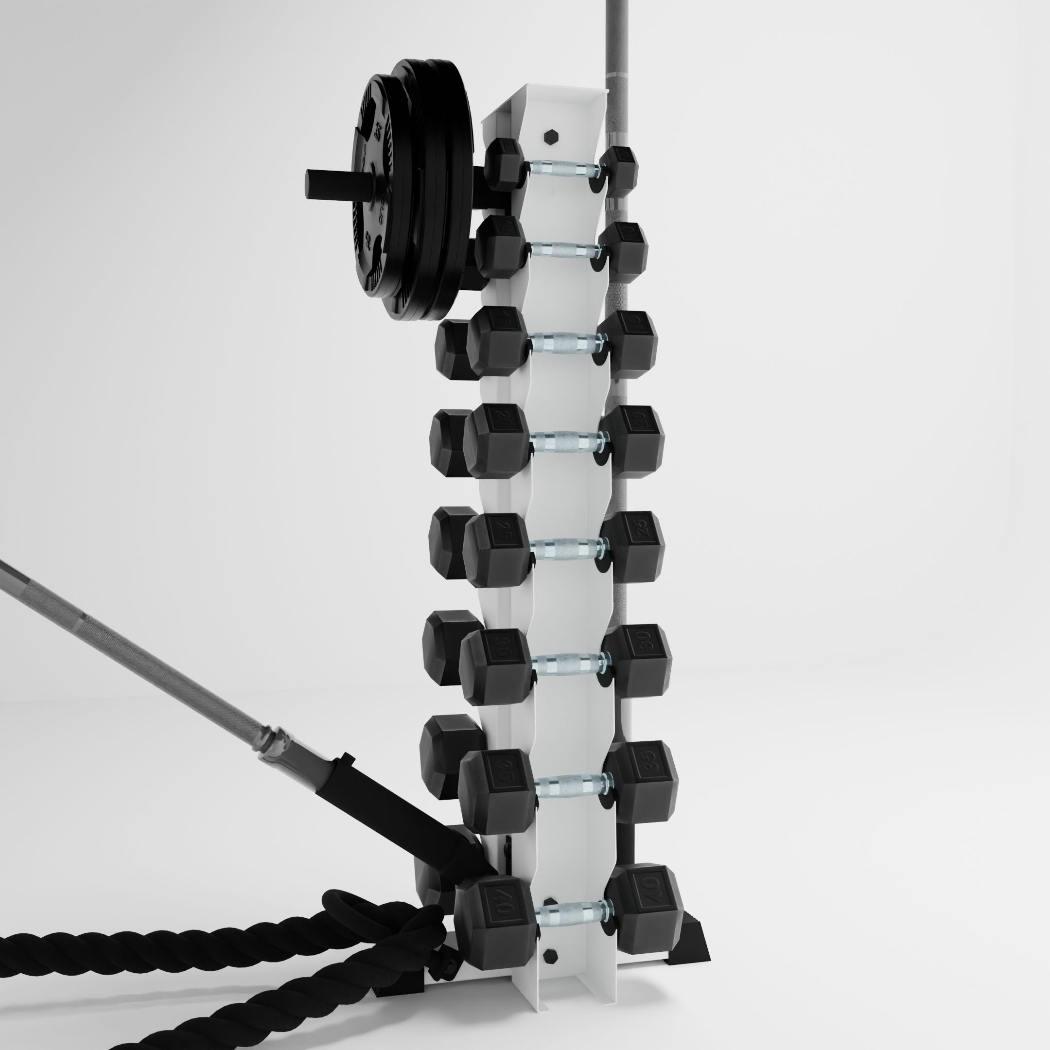 white alpha 8-tier vertical dumbbell storage rack storing dumbbells, weight plates, barbells, and a battle rope using storage attachment accessories