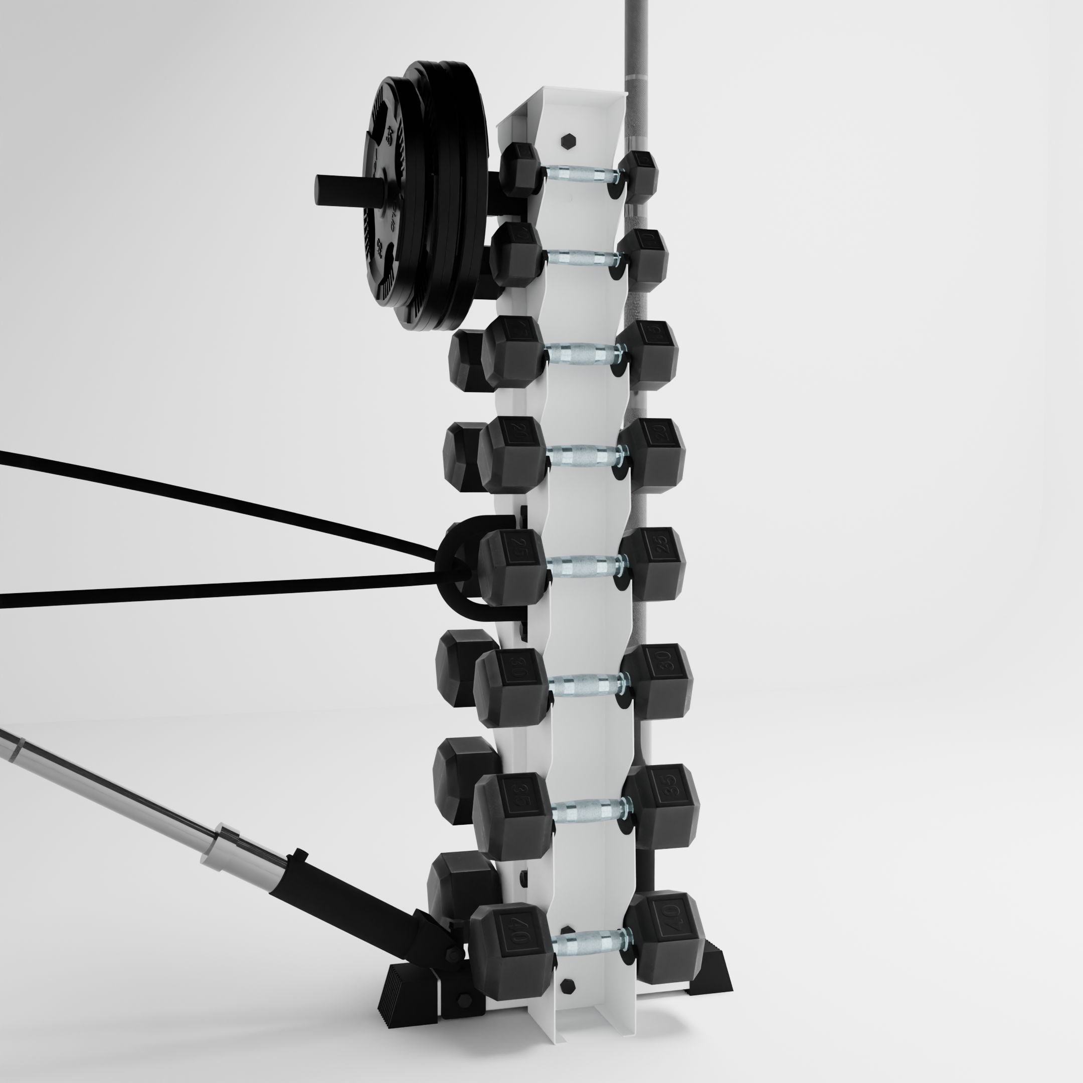 white alpha 8-tier vertical dumbbell storage rack storing dumbbells, weight plates, barbells, and a resistance band using storage attachment accessories