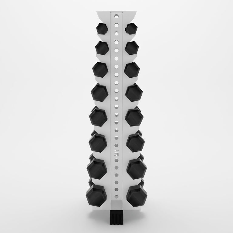 white alpha 8-tier vertical dumbbell storage rack storing hex dumbbells