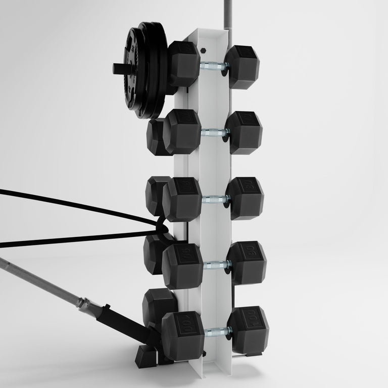 white alpha elite vertical dumbbell storage rack with accessories holding dumbbells, weight plates, barbells, and a resistance band