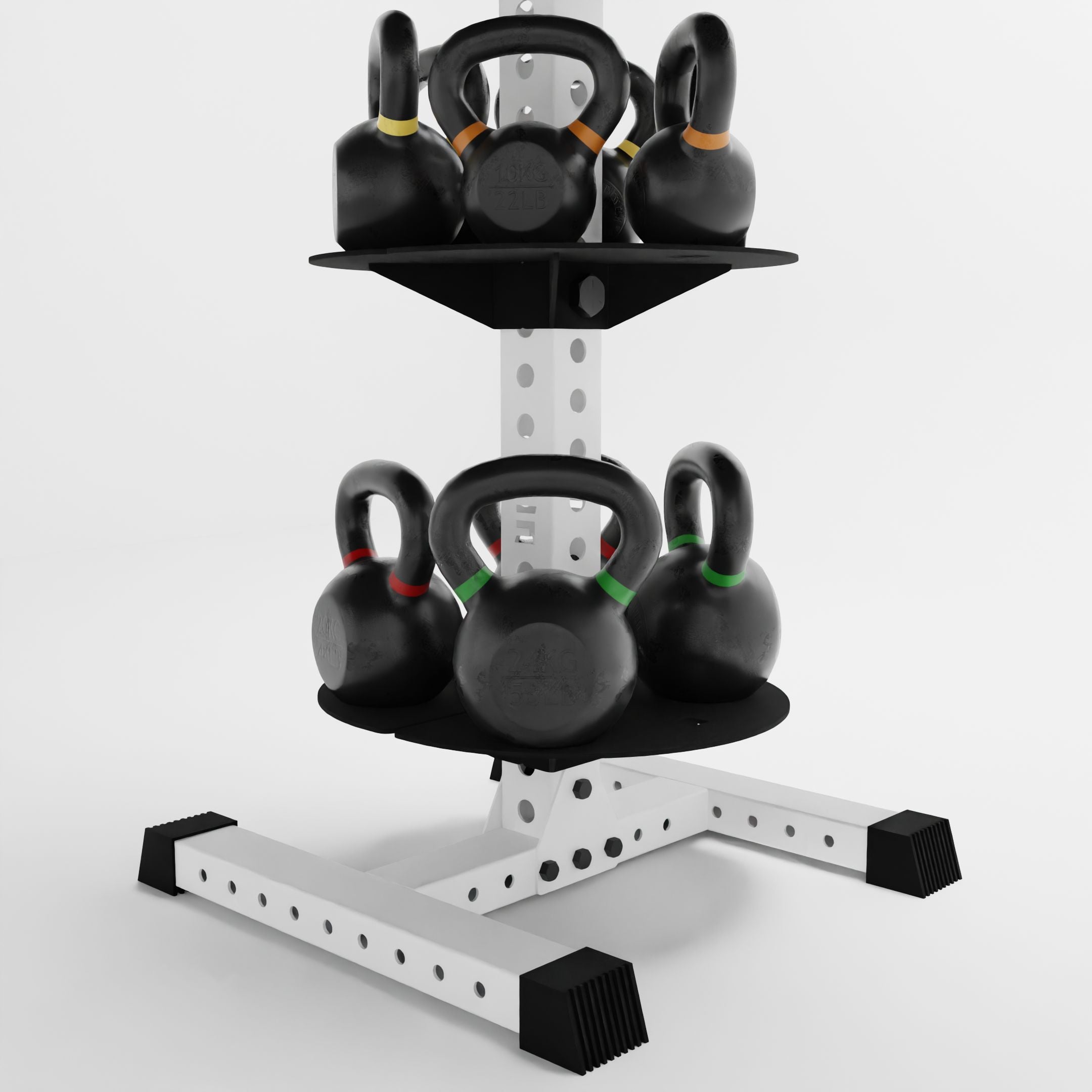 white alpha pk vertical hybrid plate and kettlebell storage rack base storing kettlebells