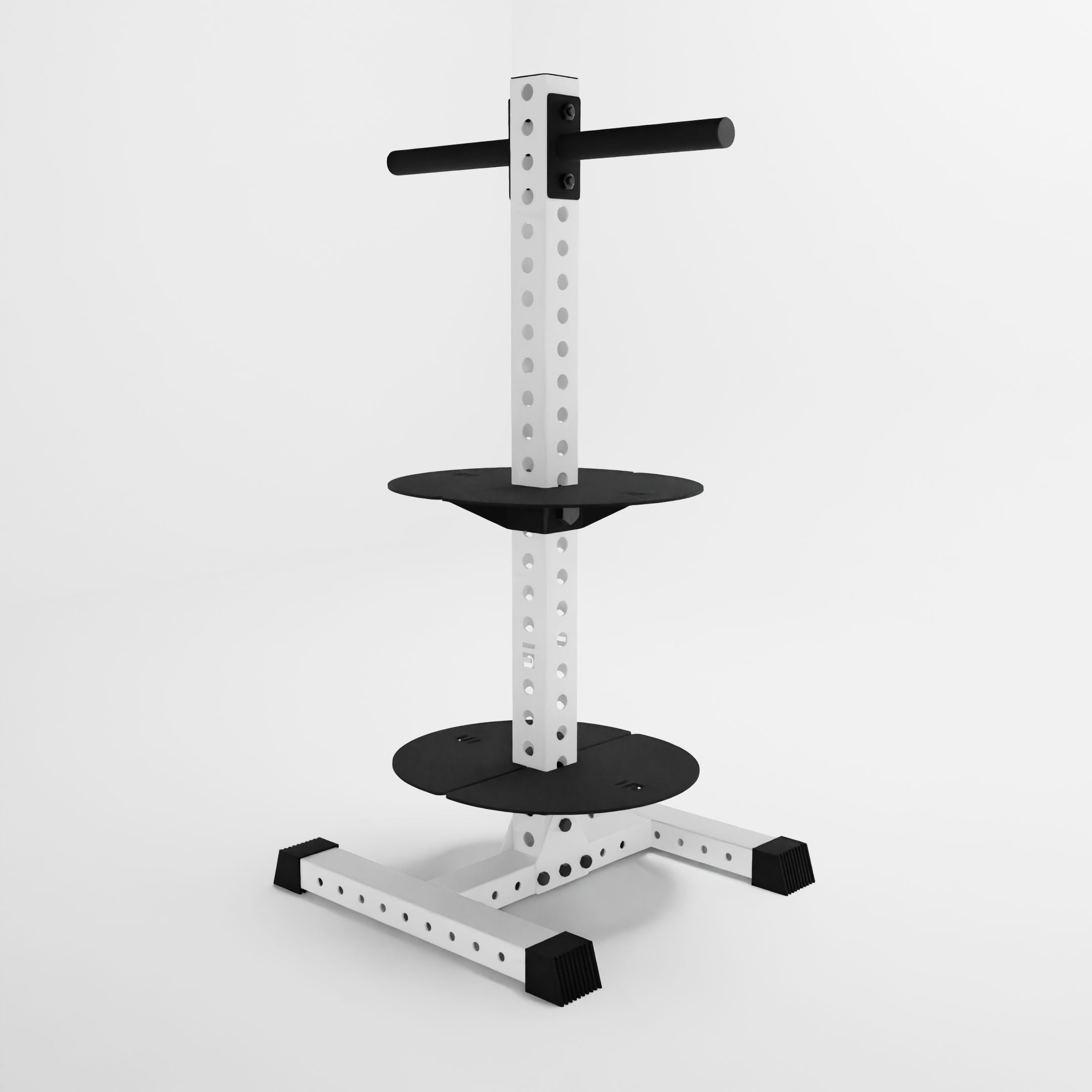 white alpha pk vertical hybrid plate and kettlebell storage rack side view