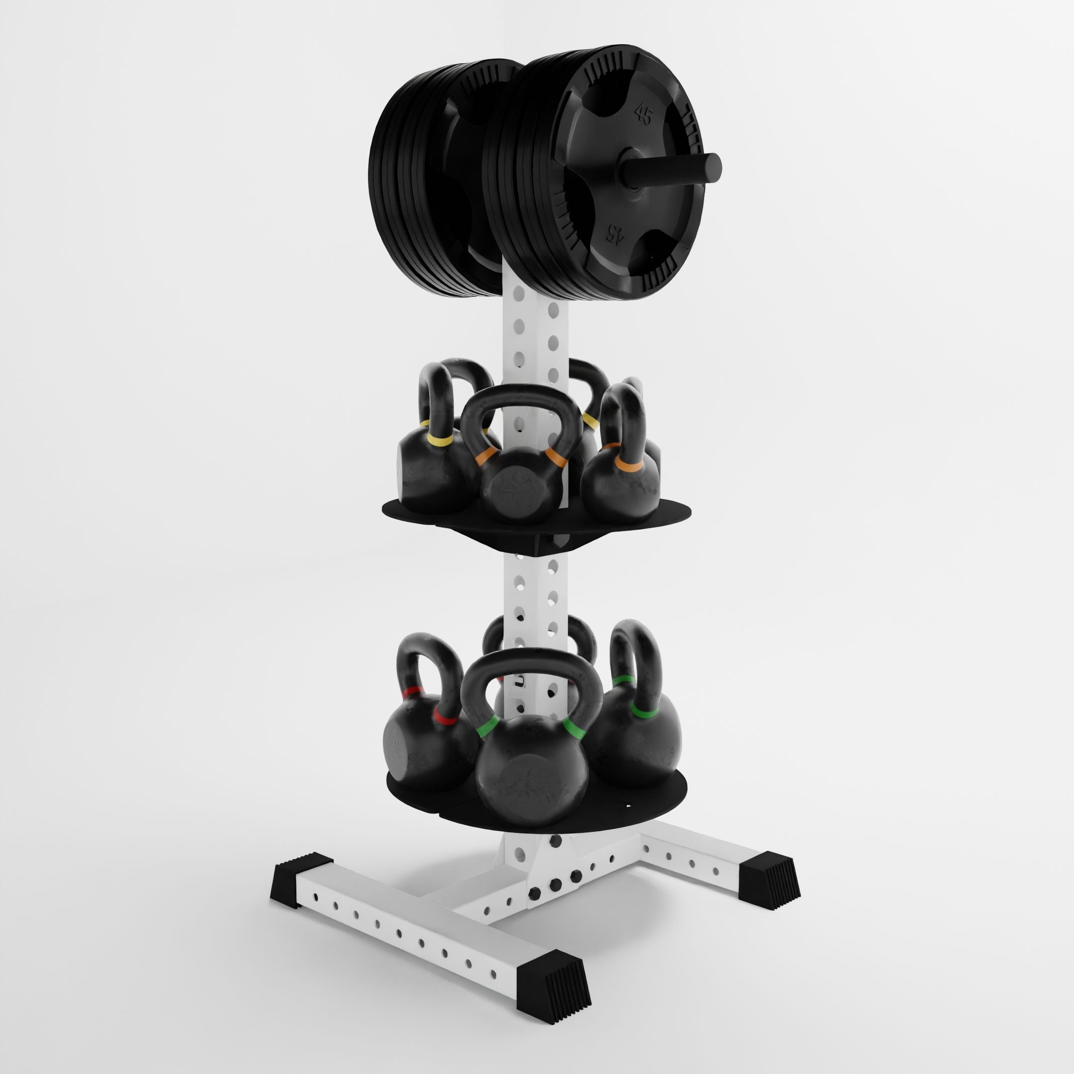 white alpha pk vertical hybrid plate and kettlebell storage rack storing weight plates and kettlebells