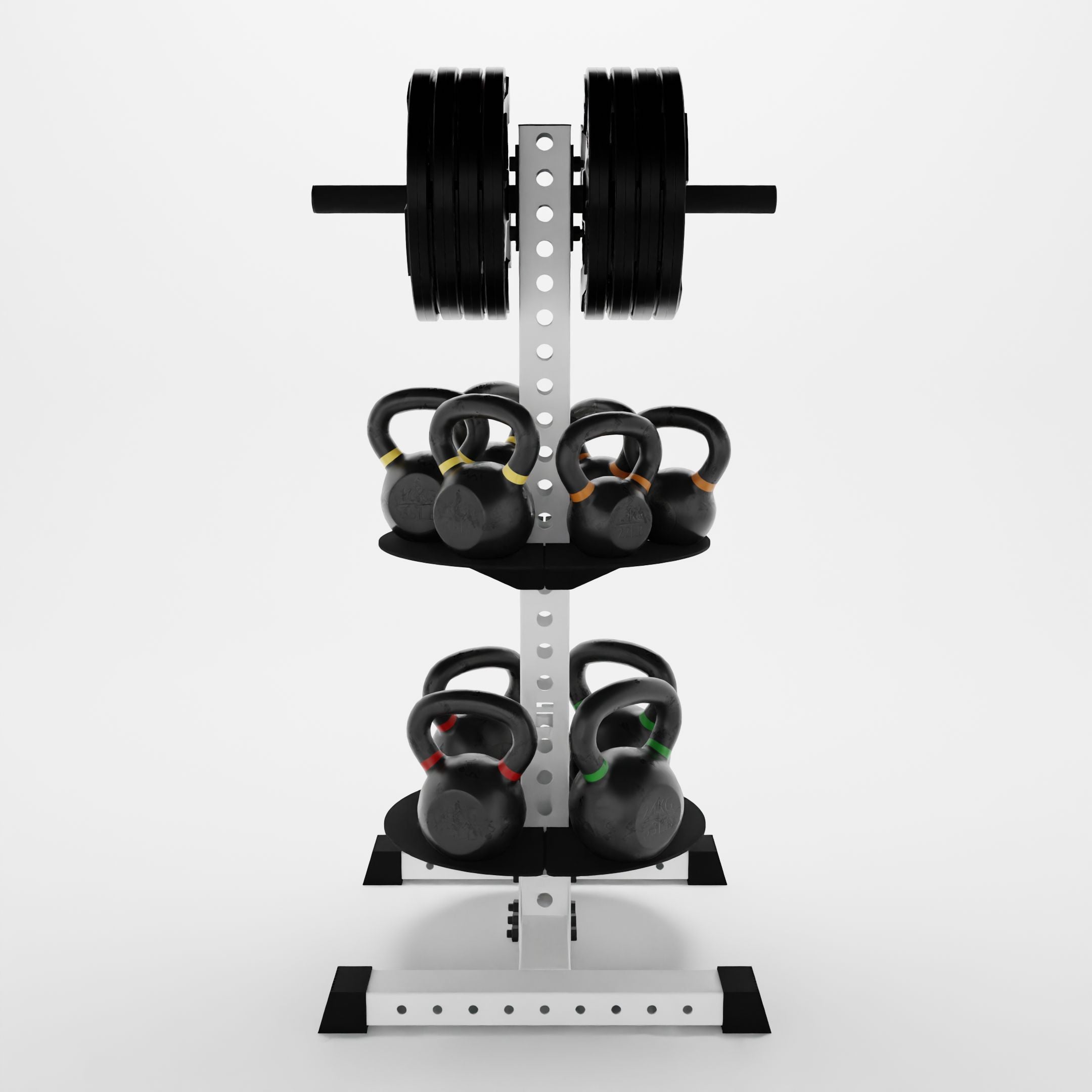 white alpha pk vertical hybrid plate and kettlebell storage rack storing weight plates and kettlebells