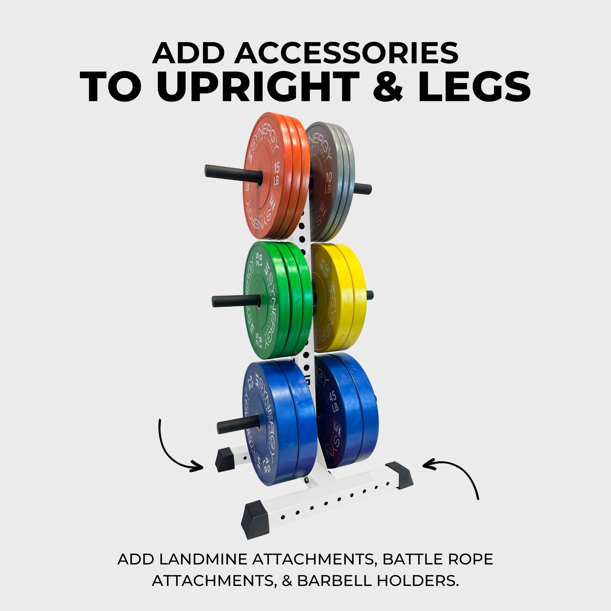 white alpha vertical weight plate storage tree with six weight plate holders holding various weight plates and text that reads "add accessories to upright & legs, add landmine attachments, battle rope attachments, & barbell holders"