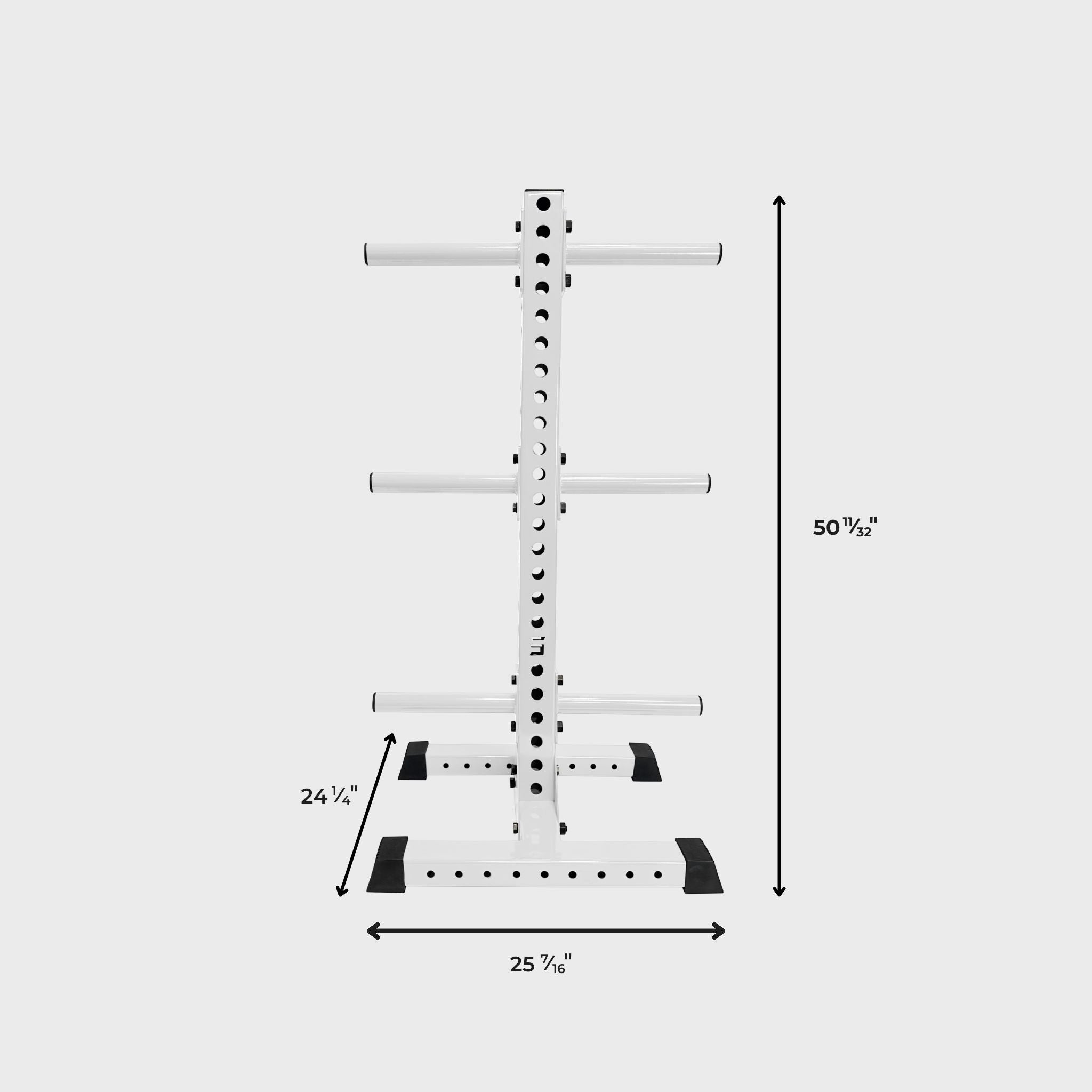 white alpha vertical weight plate storage tree with six weight plate holders and its dimensions: height 50 11/32 inches, length 25 7/16 inches, width 24 1/4 inches