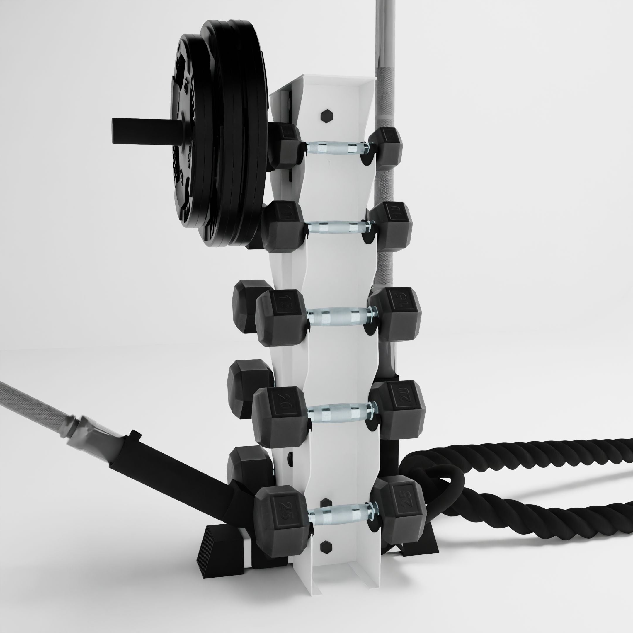 white bravo 5-tier vertical dumbbell storage rack storing dumbbells, weight plates, barbells, and a battle rope using storage attachment accessories