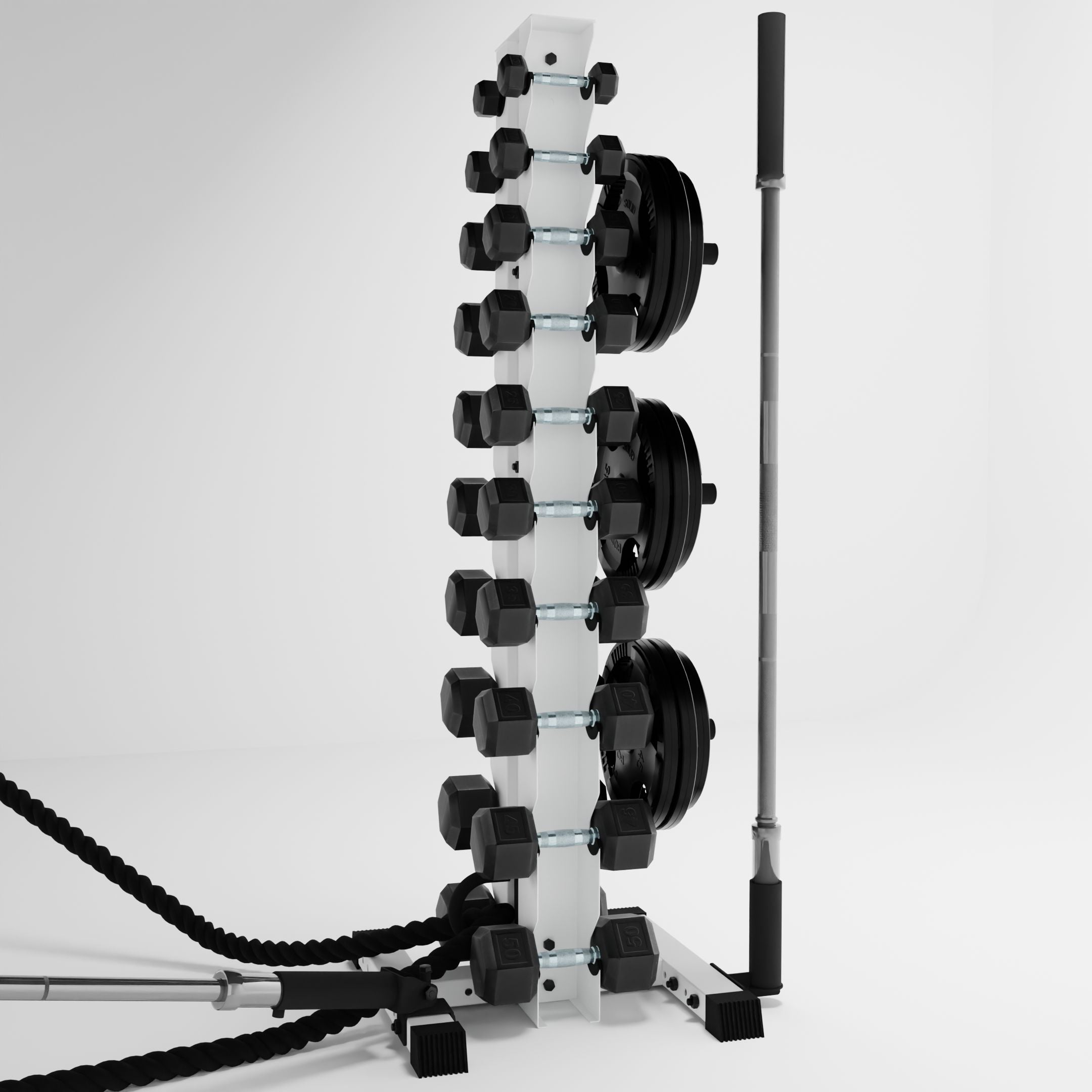 white delta 10-tier vertical dumbbell storage rack storing dumbbells, weight plates, barbells, and a battle rope using storage attachment accessories