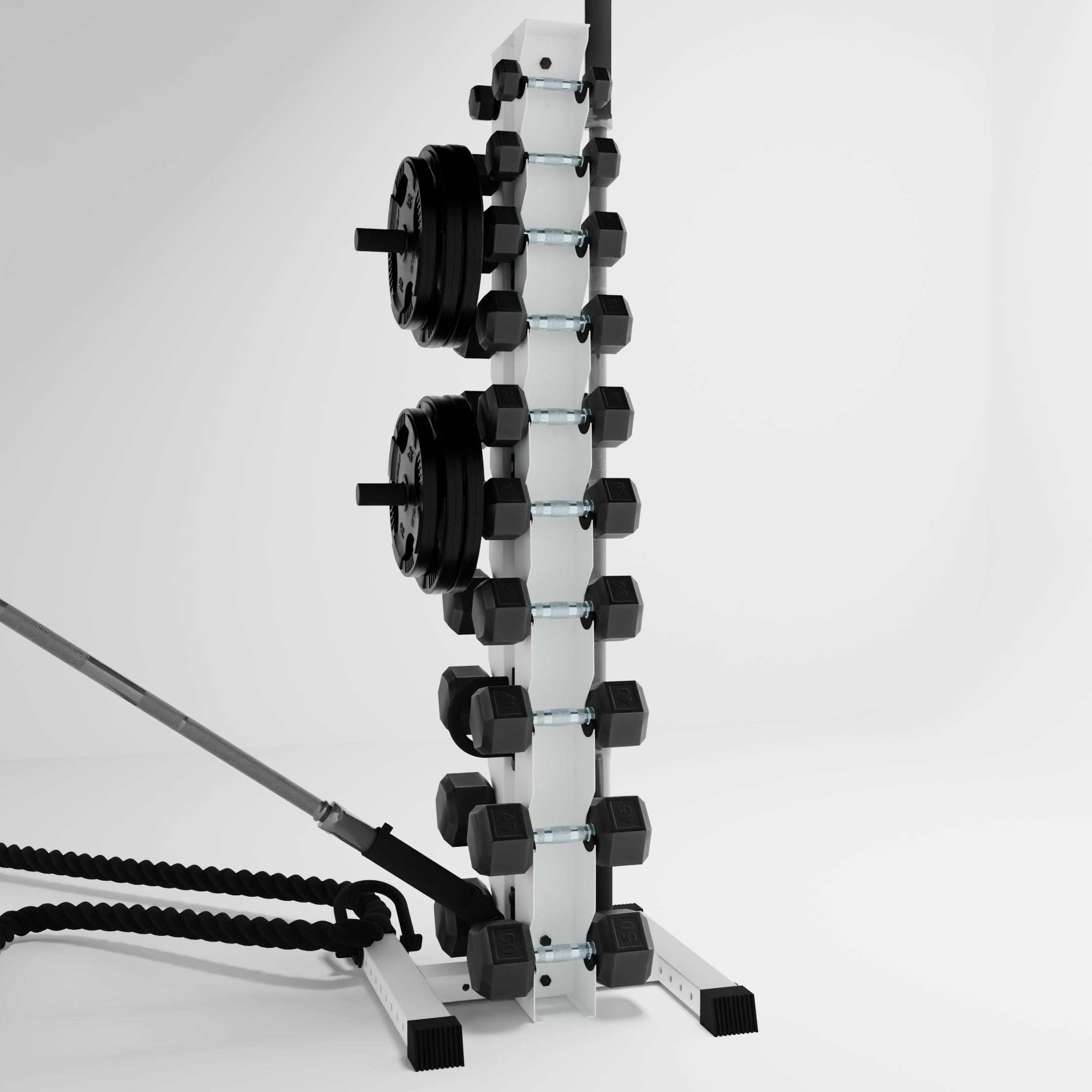 white delta 10-tier vertical dumbbell storage rack storing dumbbells, weight plates, barbells, and a battle rope using storage attachment accessories