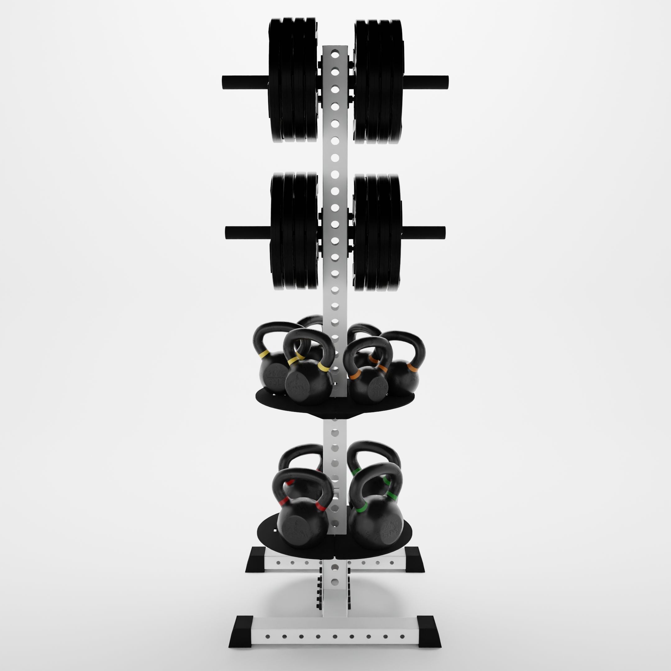 white delta pk vertical hybrid weight plate and kettlebell storage rack storing weight plates and kettlebells