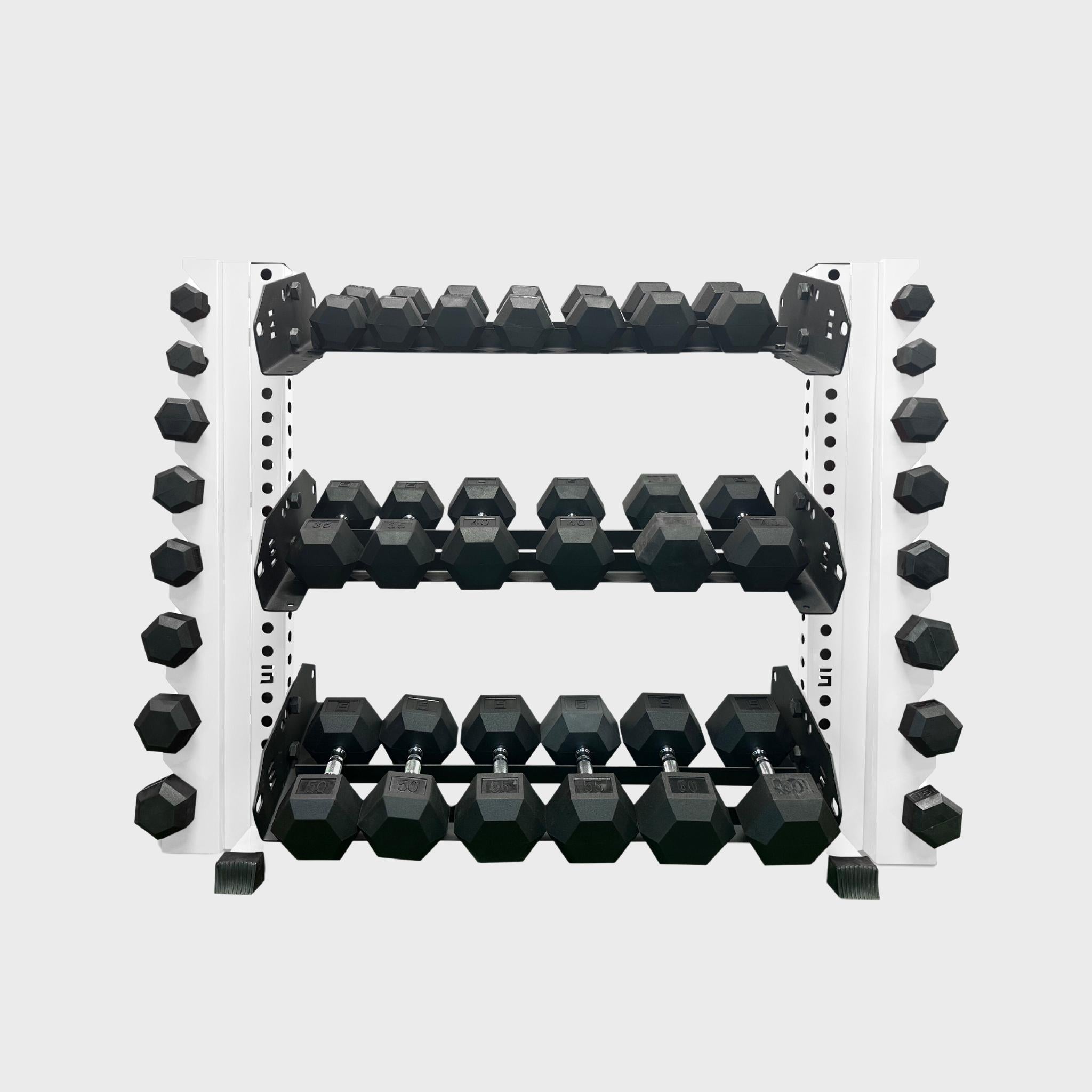 43 inch white alpha 3-tier horizontal dumbbell rack loaded with hex dumbbells and vertical add-ons