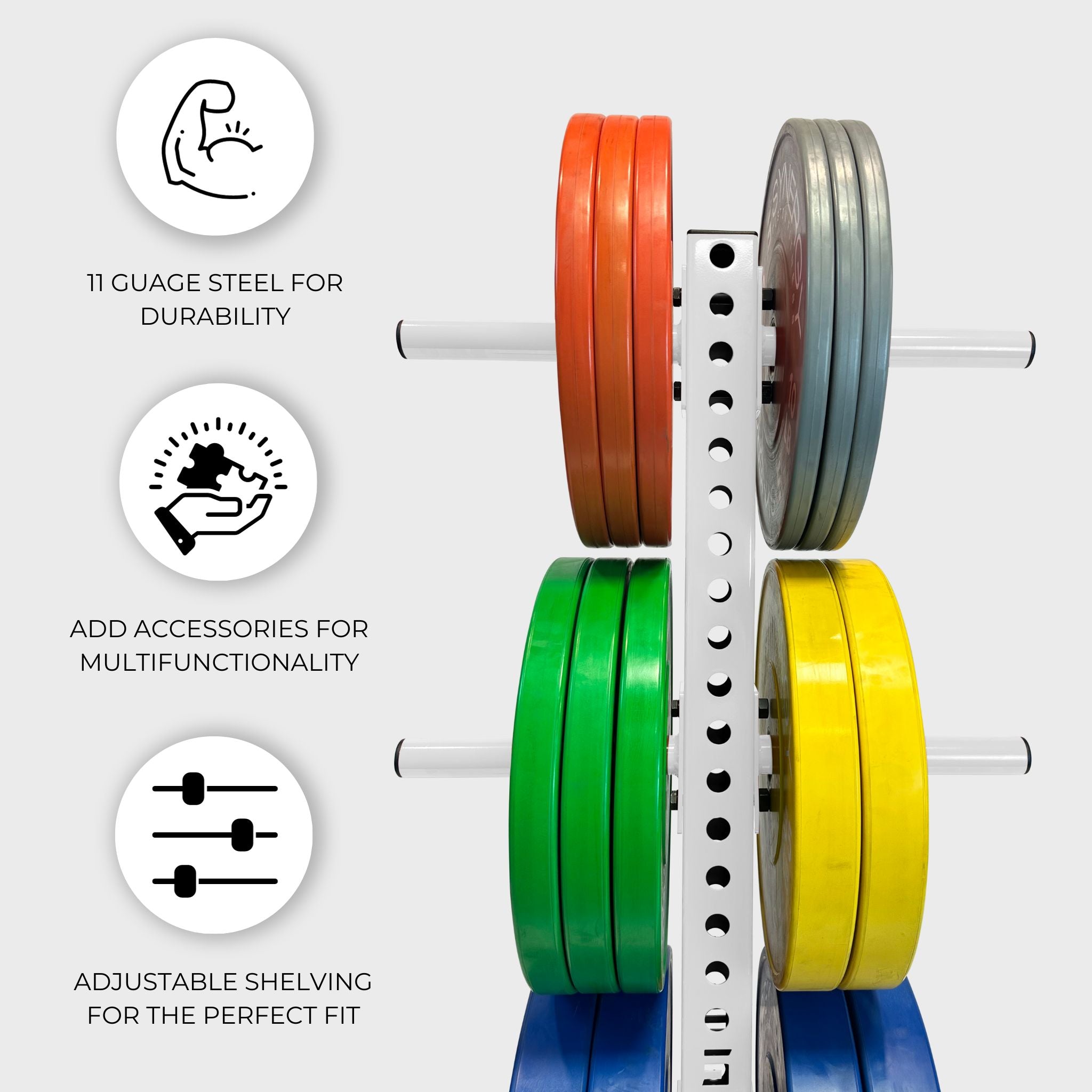 white vertical weight plate storage tree with six weight plate holders holding various weight plates and text that reads "11 gauge steel for durability, add accessories for multifunctionality, adjustable shelving for the perfect fit"