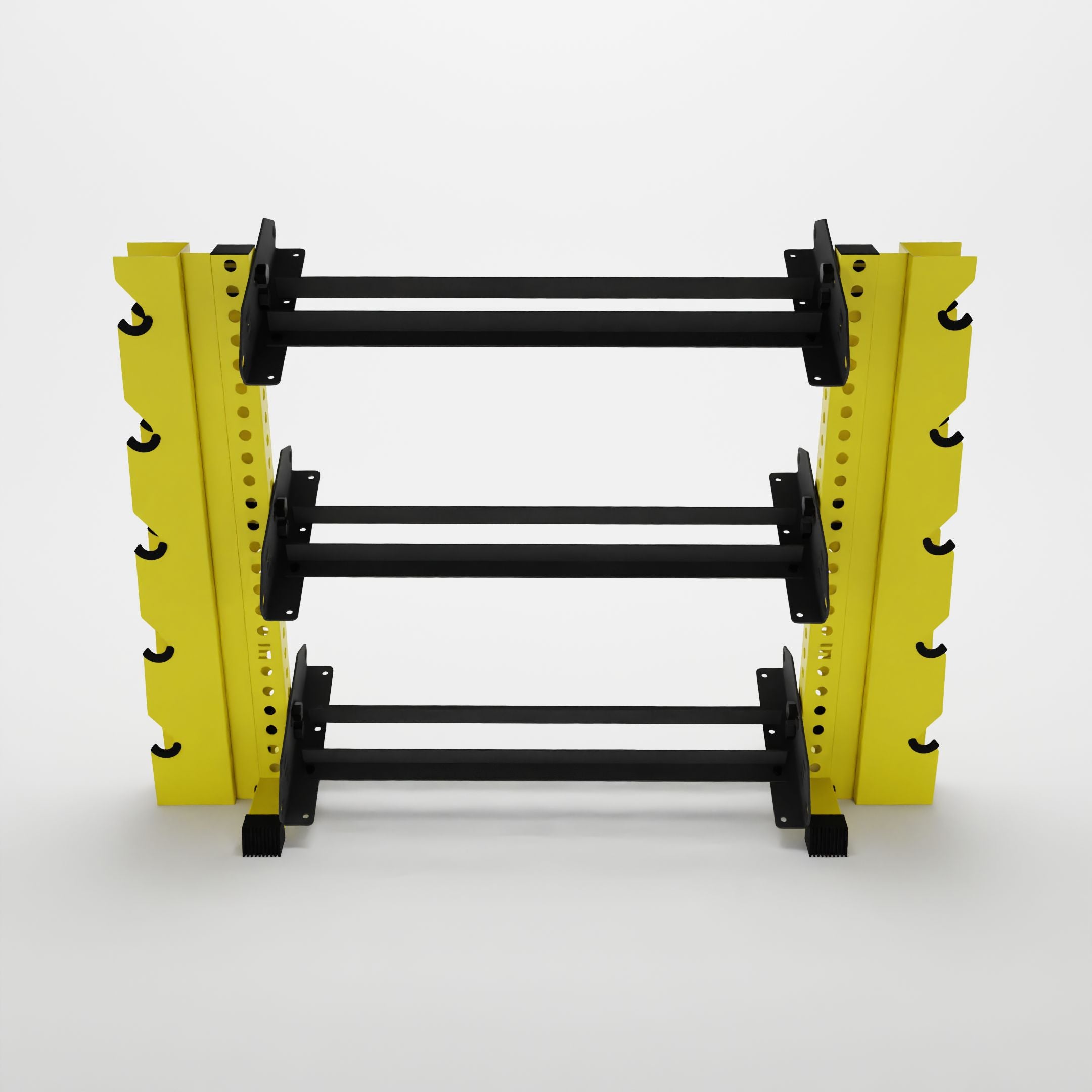 yellow 43-inch alpha 3-tier horizontal dumbbell rack with elite vertical add-ons