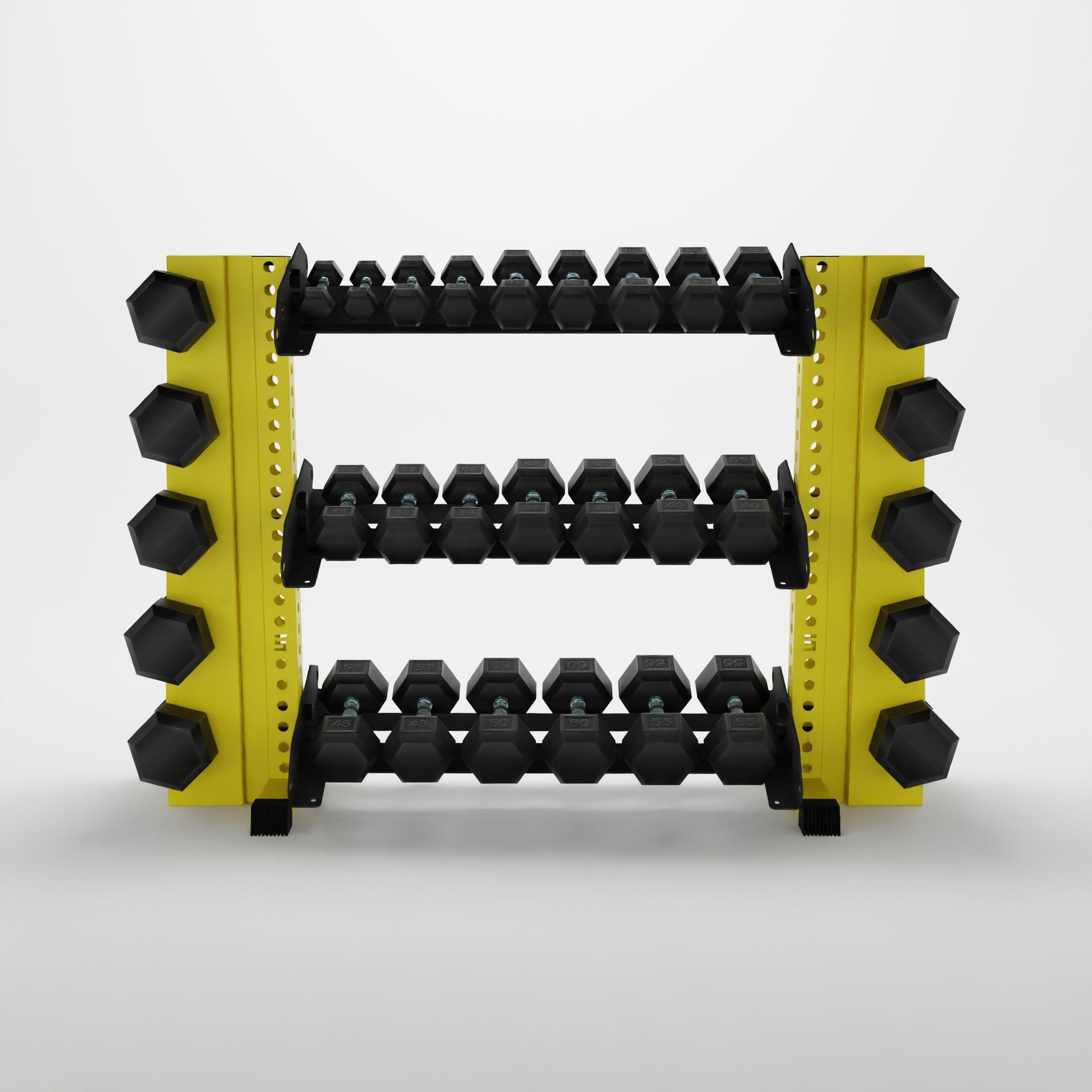 yellow 43-inch alpha 3-tier horizontal dumbbell rack with elite vertical add-ons storing hex dumbbells