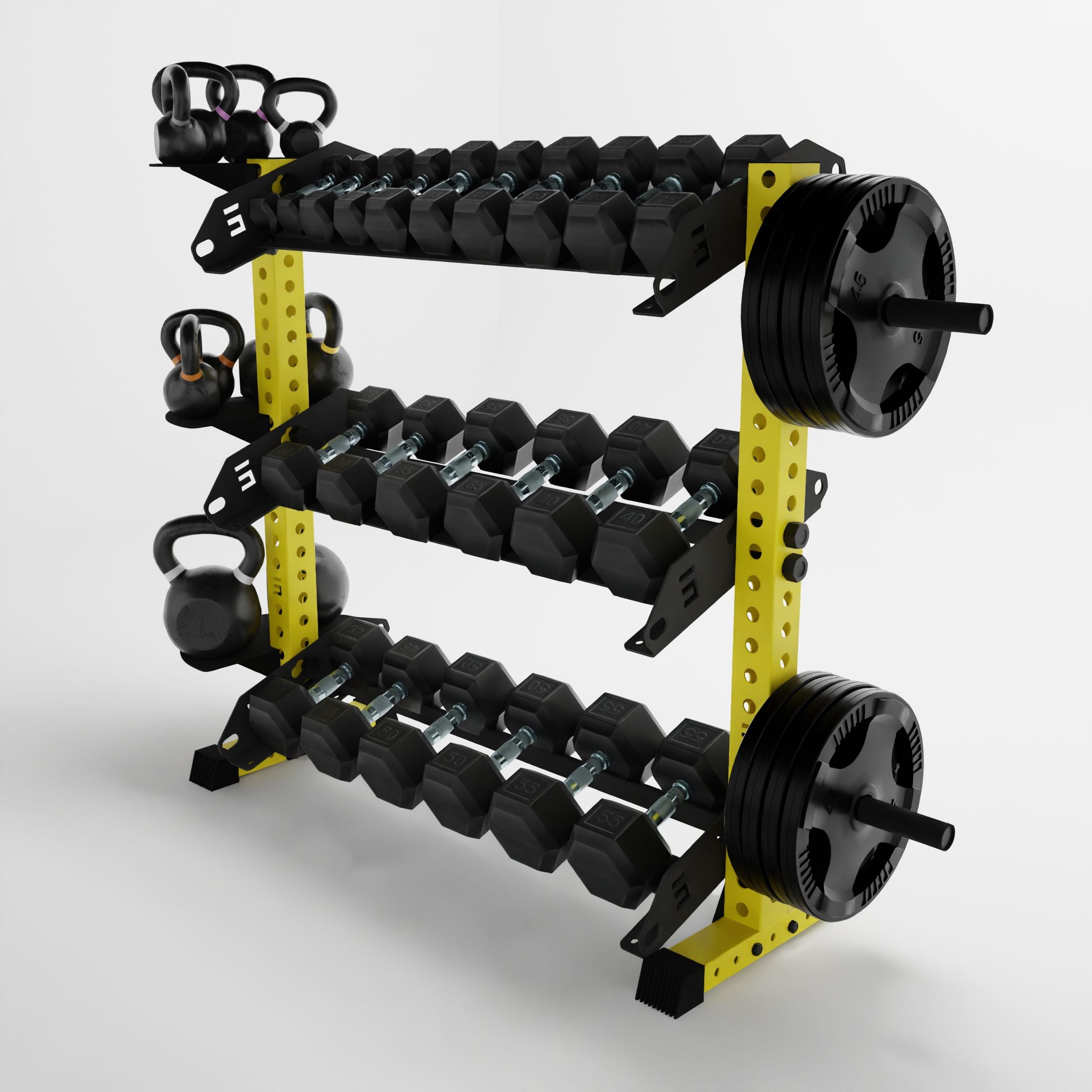 yellow 43-inch alpha 3-tier horizontal dumbbell rack storing dumbbells, weight plates, and kettlebells using storage attachment accessories