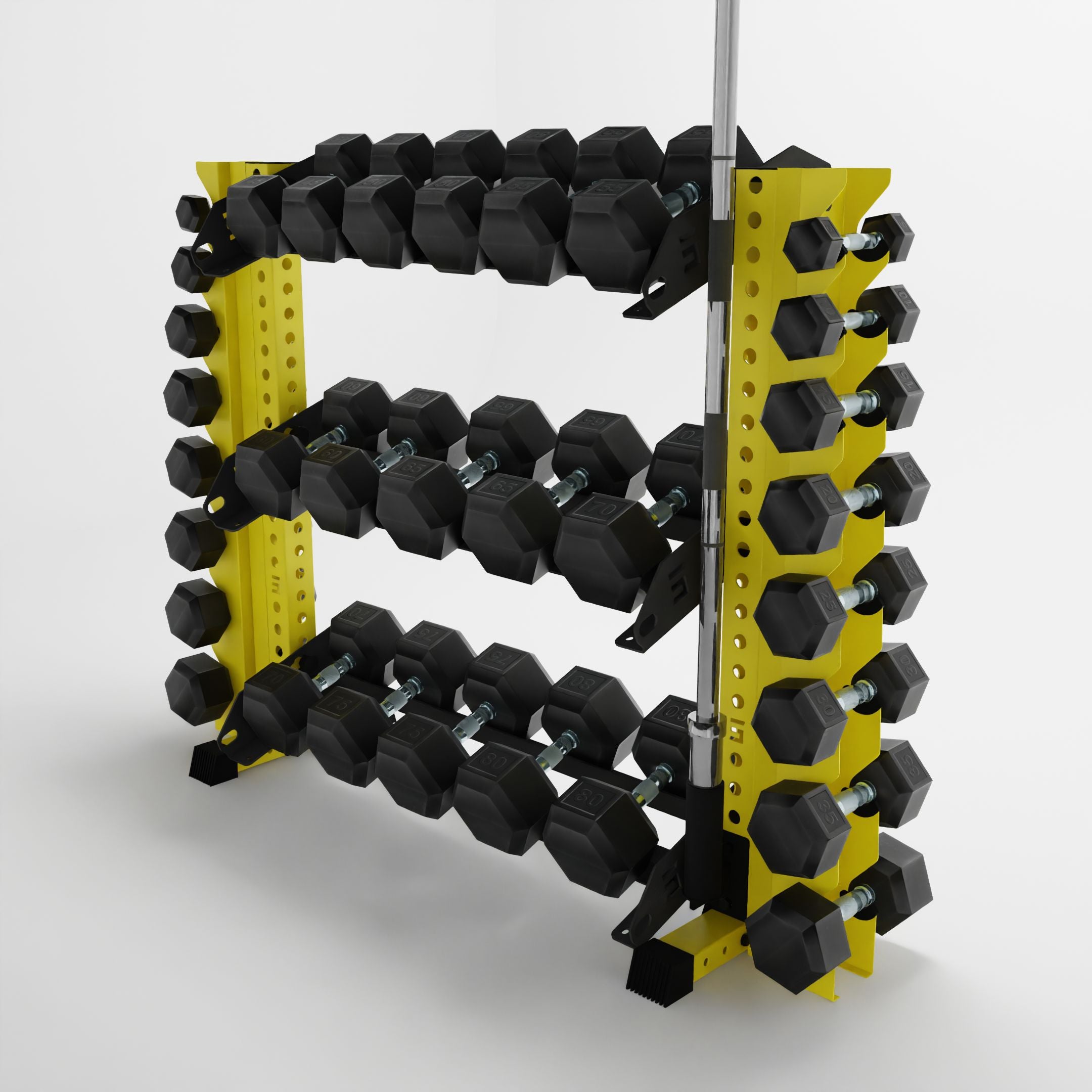 yellow 43-inch alpha 3-tier horizontal dumbbell rack with vertical add-ons storing dumbbells and a barbell using a storage attachment accessory