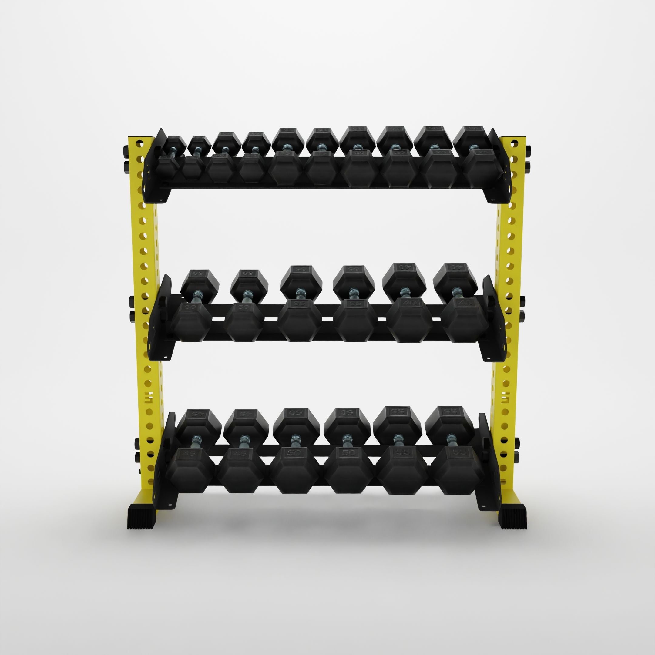 yellow 43-inch alpha 3-tier horizontal dumbbell rack storing hex dumbbells