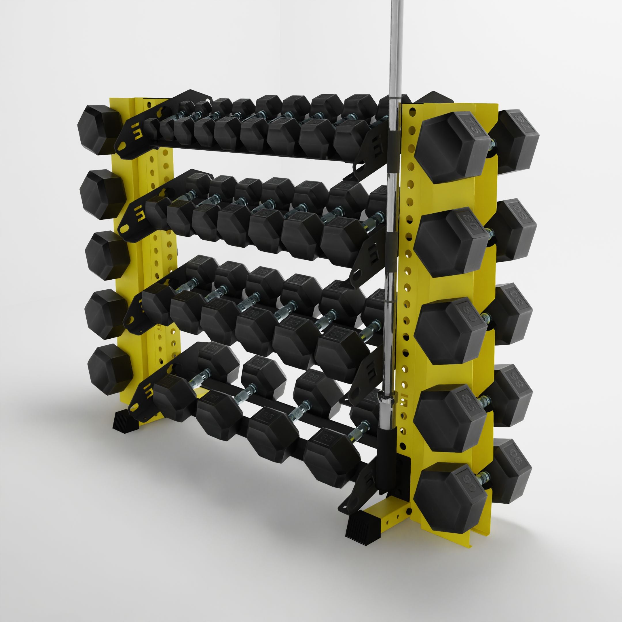 yellow 43-inch alpha 4-tier horizontal dumbbell rack with elite vertical add-ons storing hex dumbbells and a barbell using a storage attachment accessory