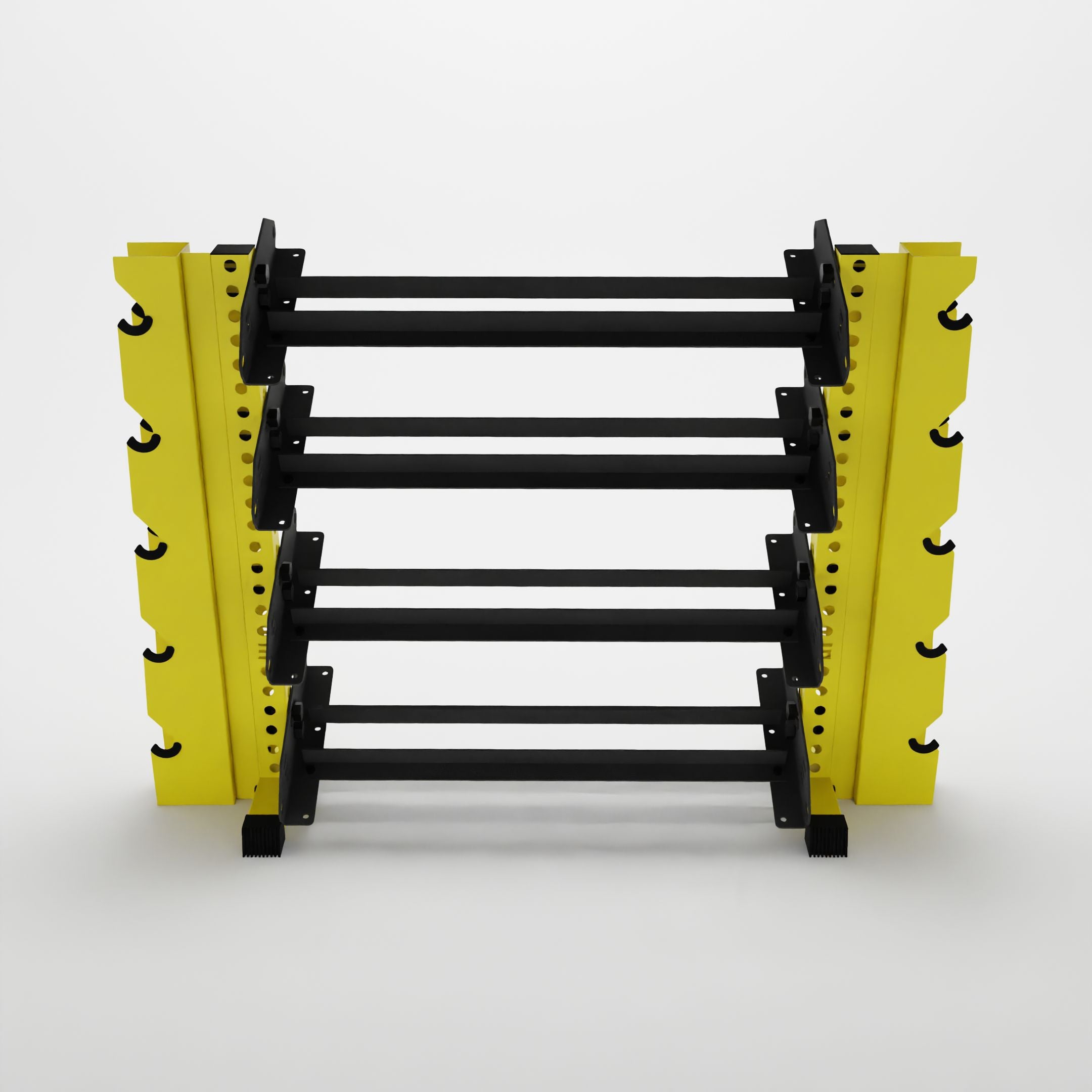 yellow 43-inch alpha 4-tier horizontal dumbbell rack with elite vertical add-ons