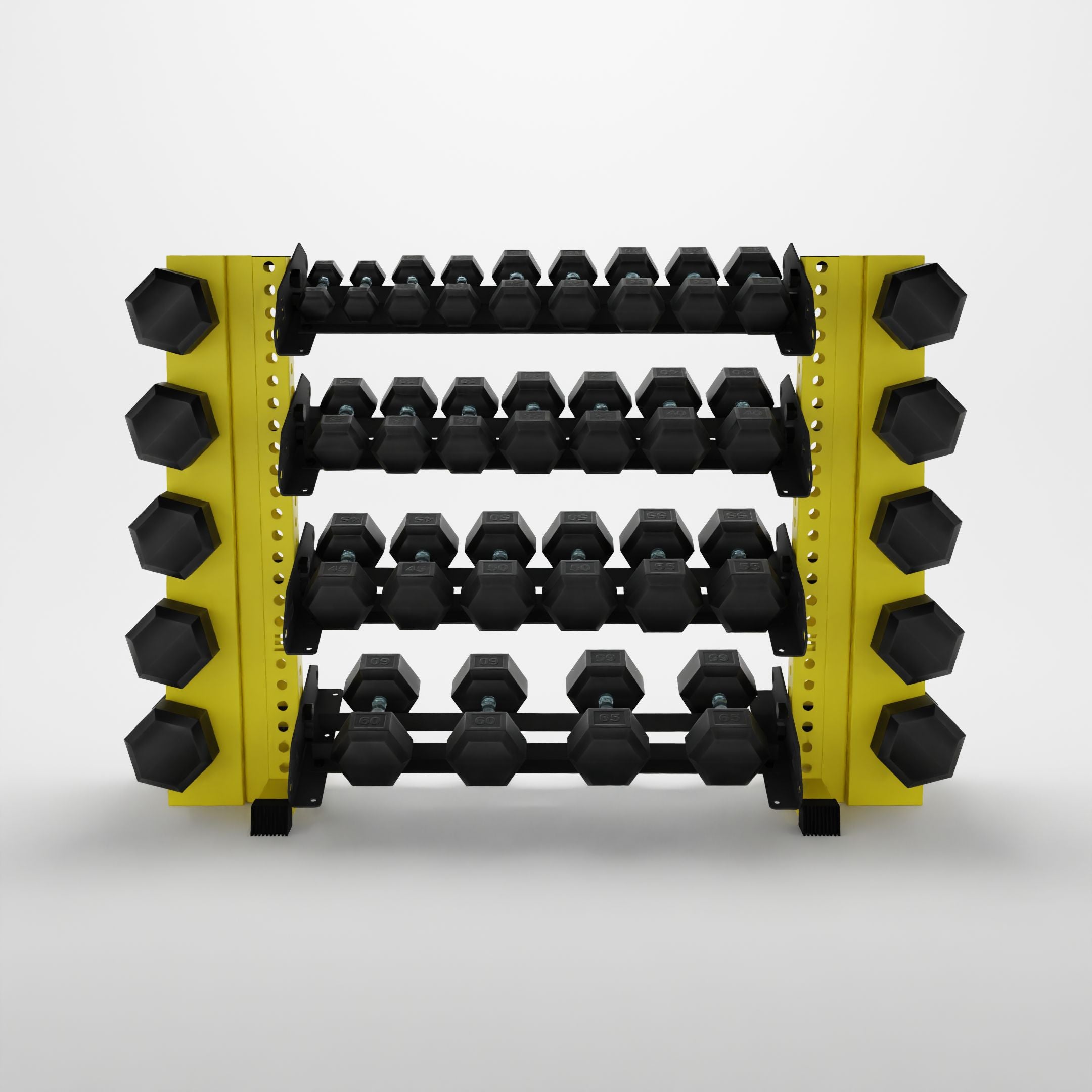 yellow 43-inch alpha 4-tier horizontal dumbbell rack with elite vertical add-ons storing hex dumbbells