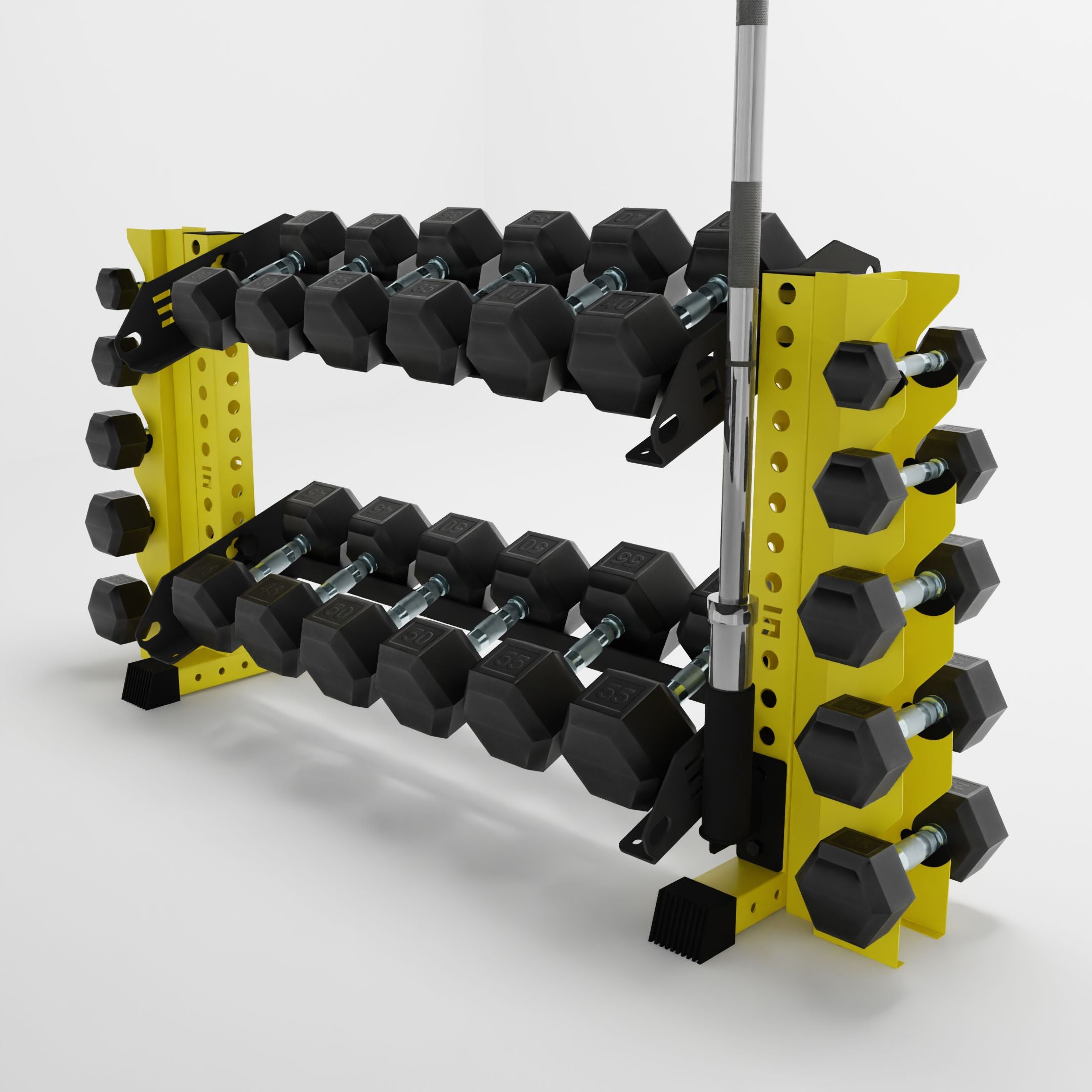 yellow 43-inch bravo 2-tier horizontal dumbbell rack with vertical add-ons storing dumbbells and a barbell using a storage attachment accessory