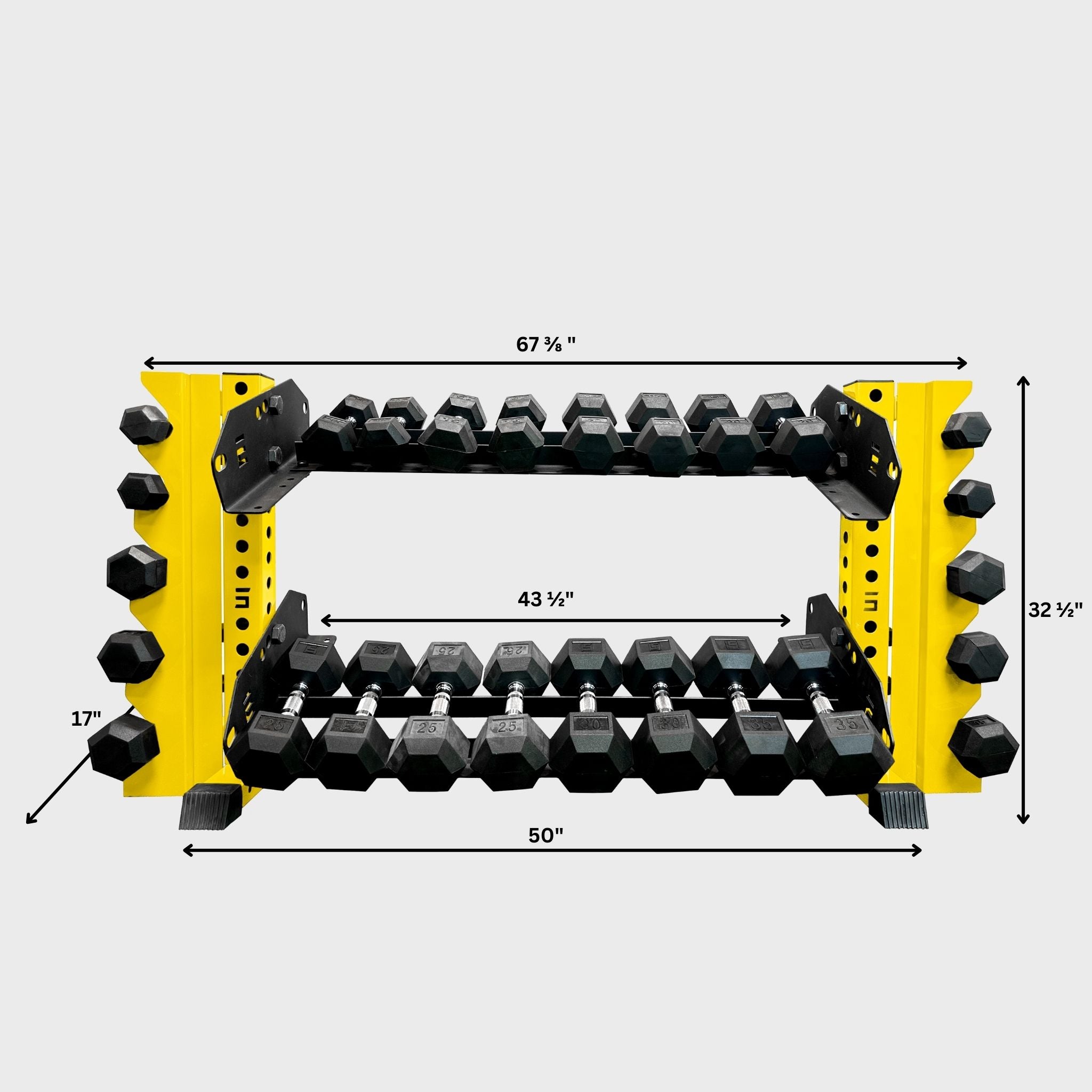 yellow 43-inch bravo 2-tier horizontal dumbbell storage rack loaded with hex dumbbells and its product dimensions