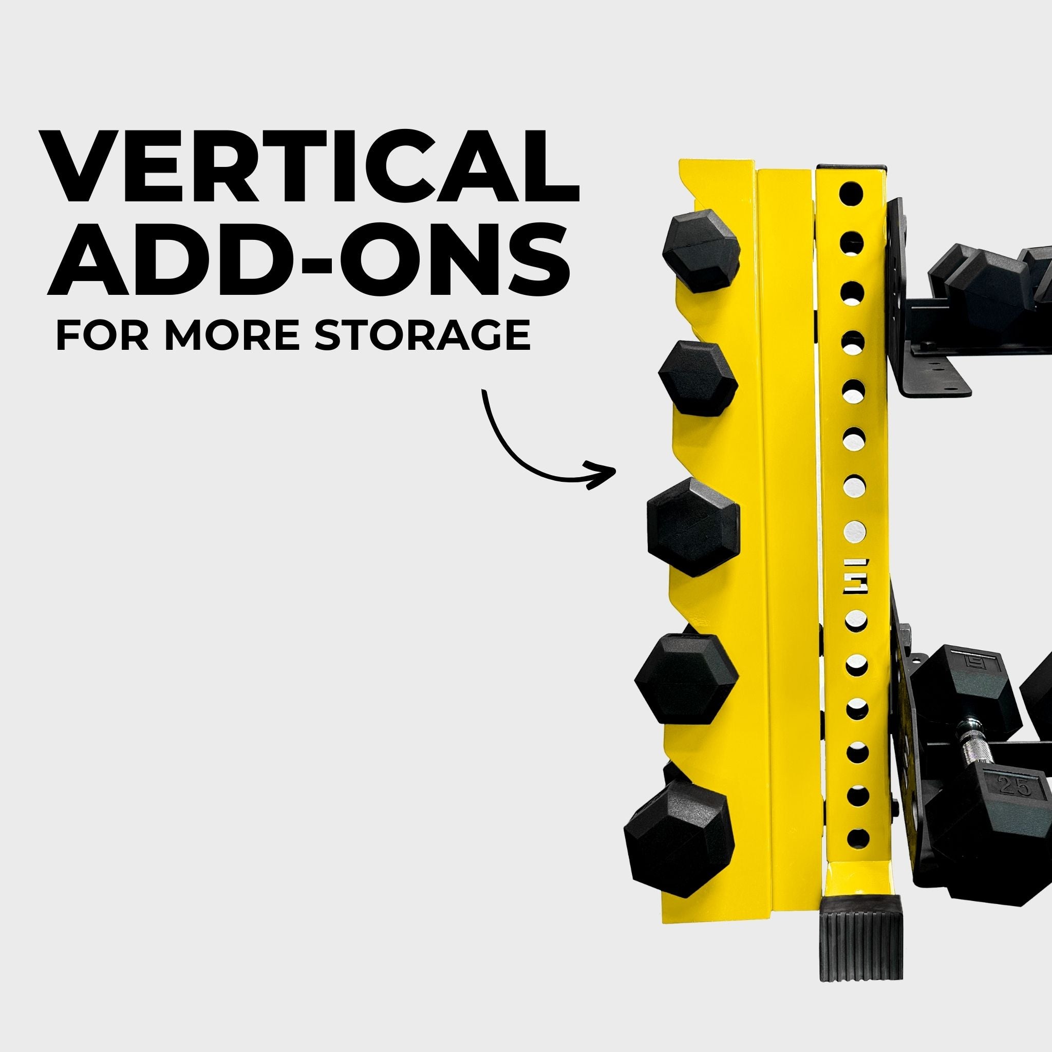 yellow 43-inch bravo 2-tier horizontal dumbbell storage rack holding hex dumbbells with a vertical add-on and text reading "vertical add-ons for more storage"