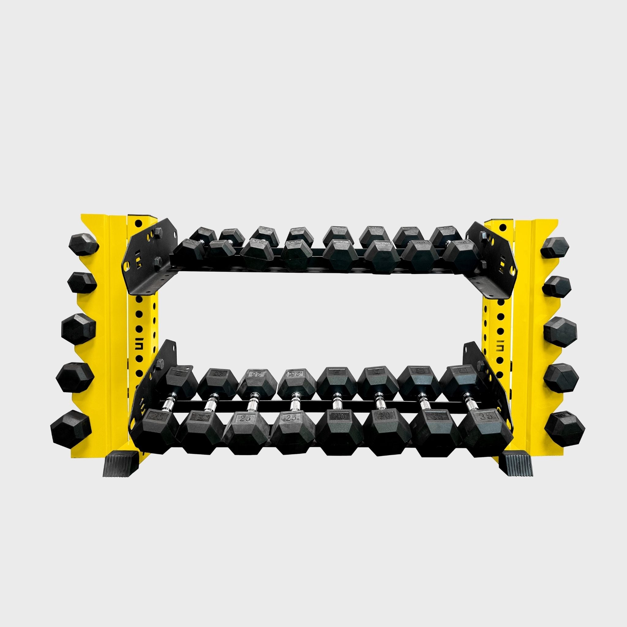 yellow 43-inch bravo 2-tier horizontal dumbbell storage rack loaded with hex dumbbells