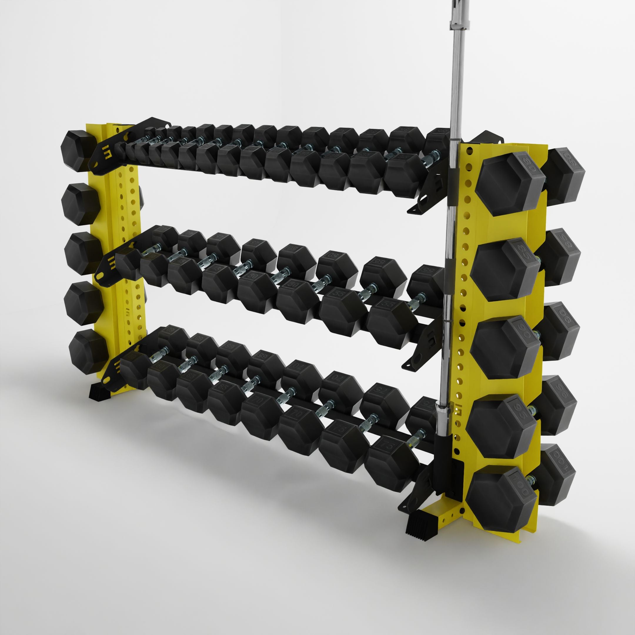 yellow 70-inch alpha 3-tier horizontal dumbbell rack with elite vertical add-ons storing dumbbells and a barbell using a storage attachment accessory