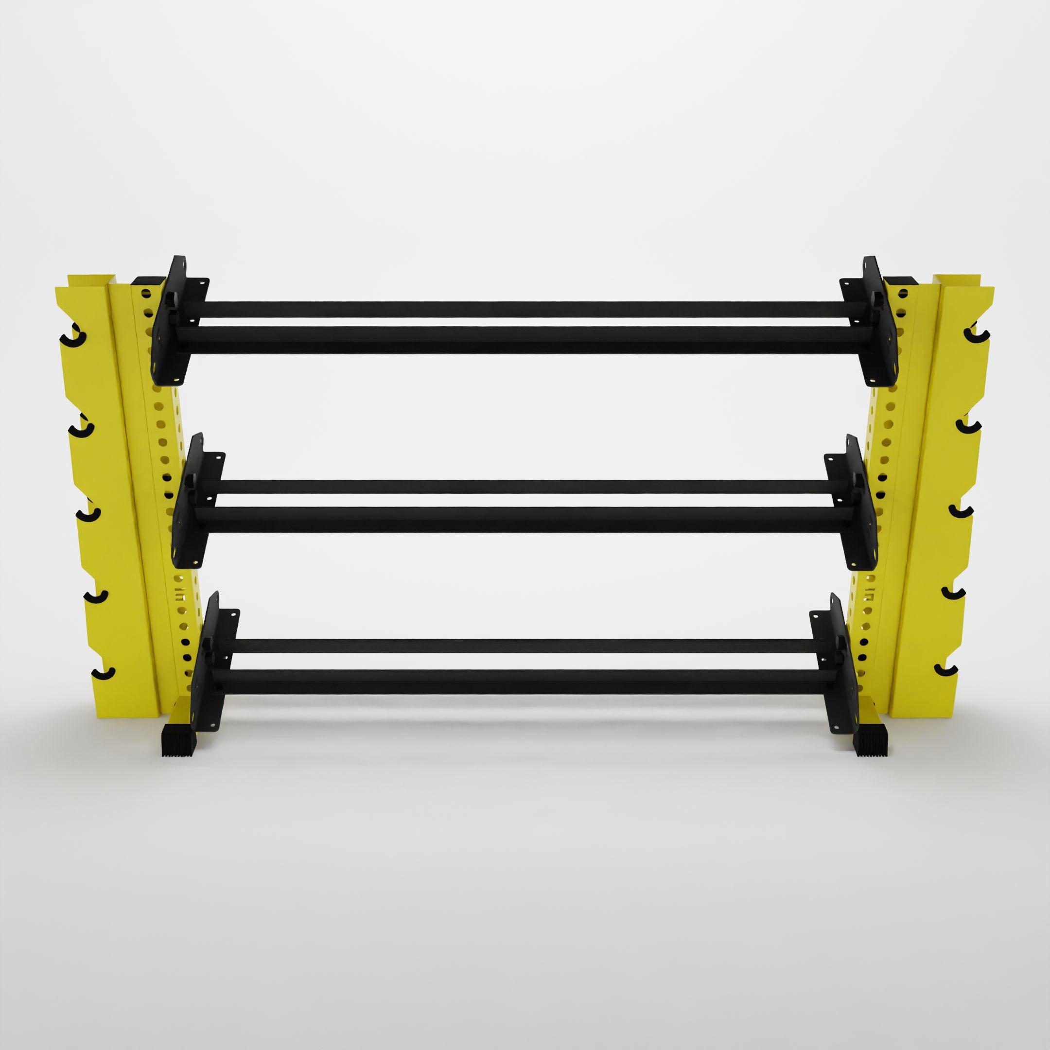 yellow 70-inch alpha 3-tier horizontal dumbbell rack with elite vertical add-ons