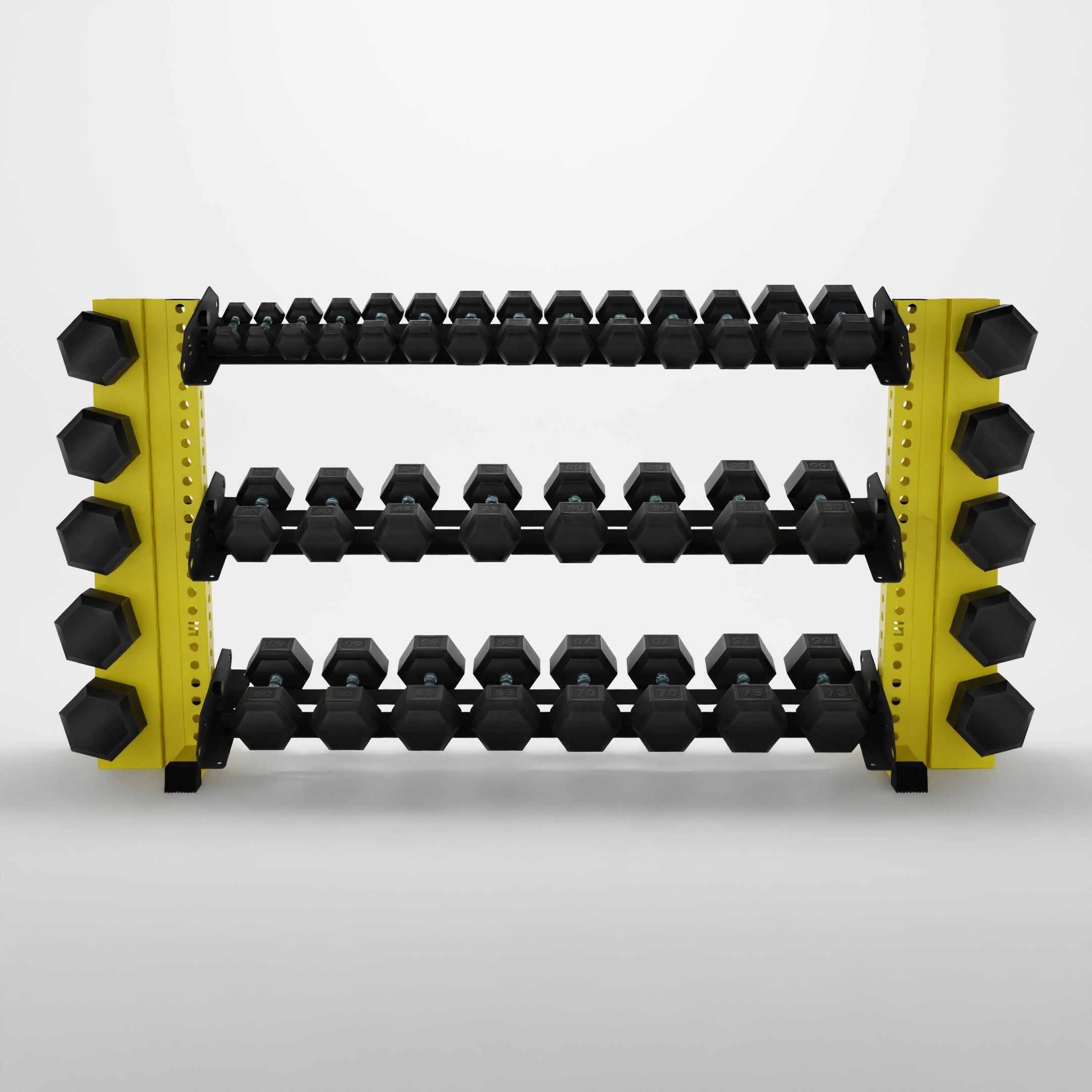 yellow 70-inch alpha 3-tier horizontal dumbbell rack with elite vertical add-ons storing hex dumbbells