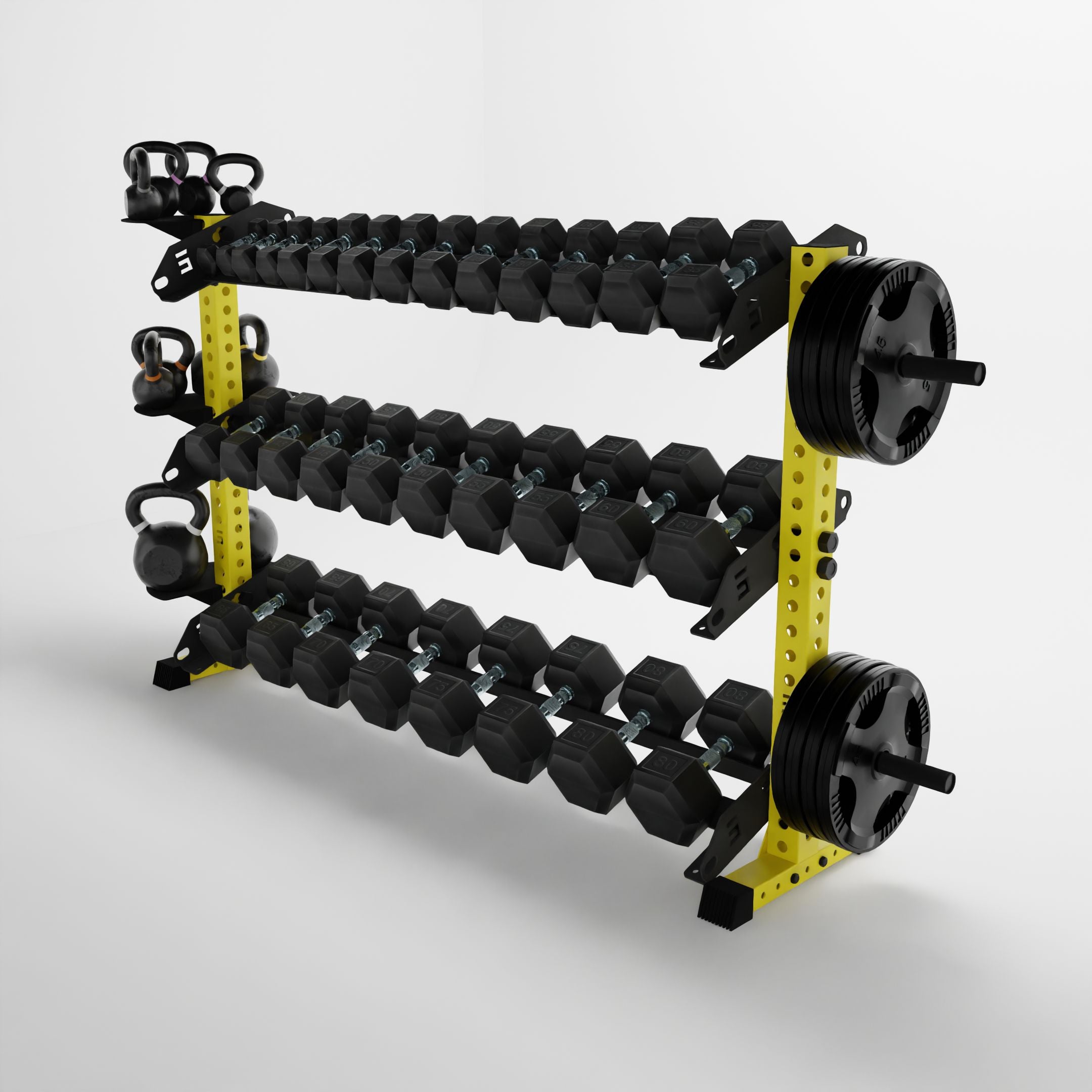 yellow 70-inch alpha 3-tier horizontal dumbbell rack storing dumbbells, weight plates, and kettlebells using storage attachment accessories