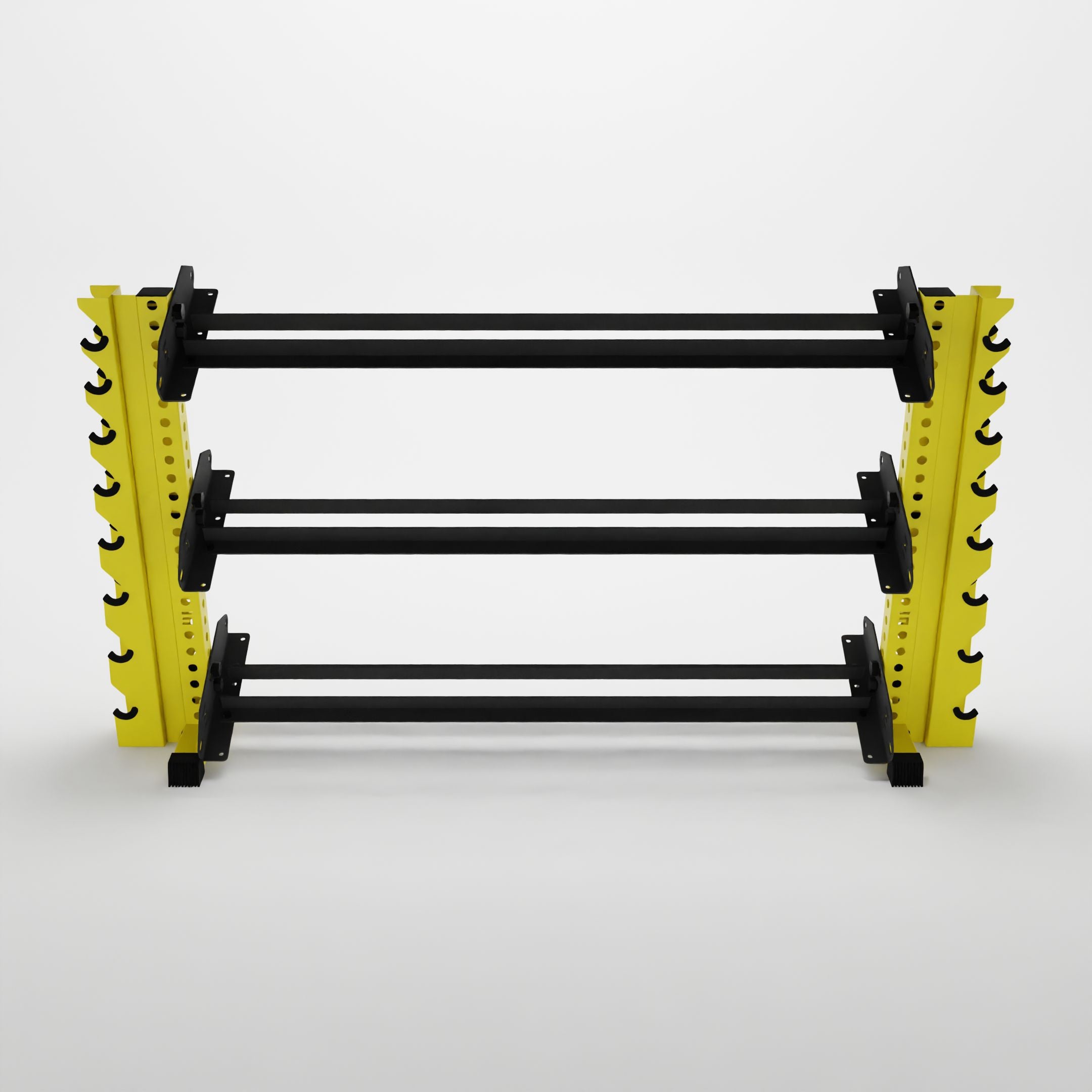 yellow 70-inch alpha 3-tier horizontal dumbbell rack with vertical add-ons