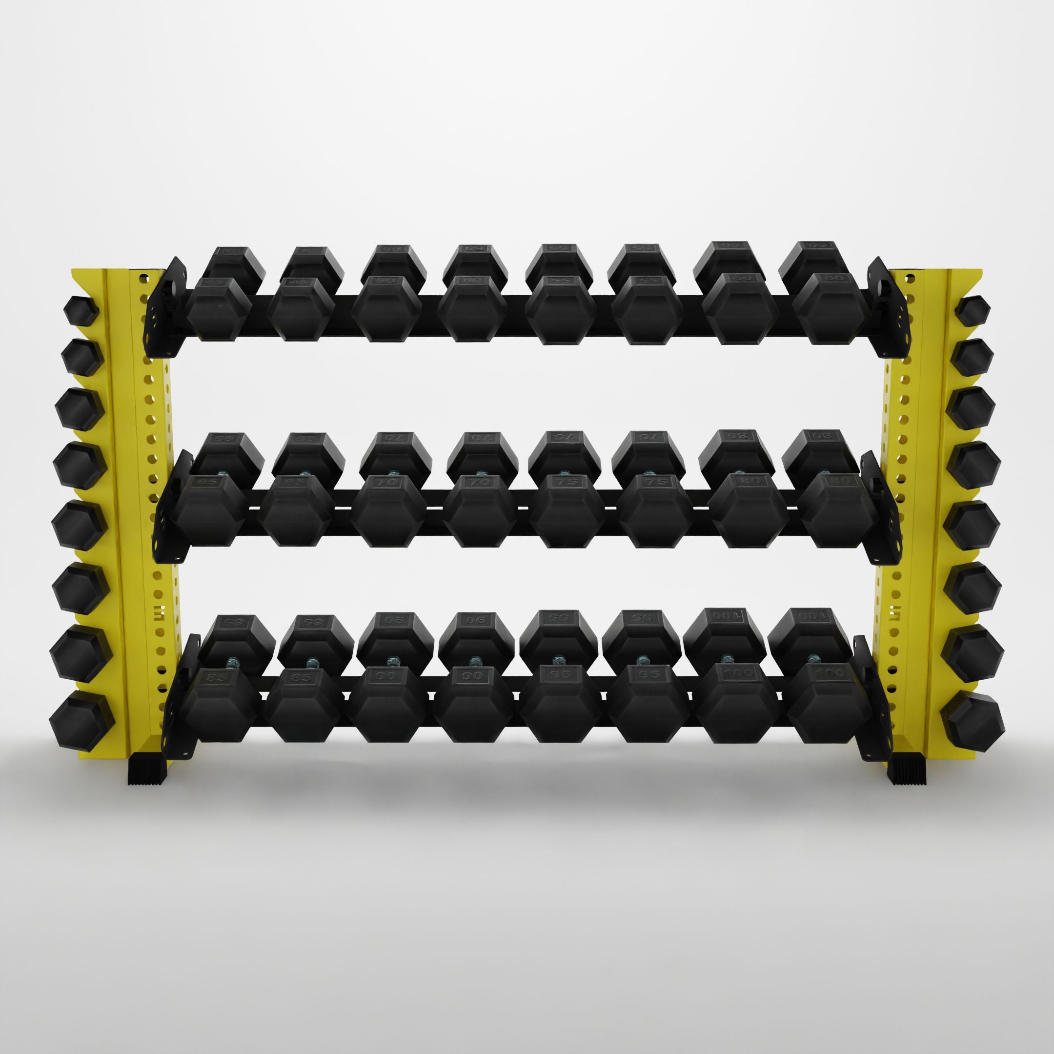 yellow 70-inch alpha 3-tier horizontal dumbbell rack with vertical add-ons storing hex dumbbells