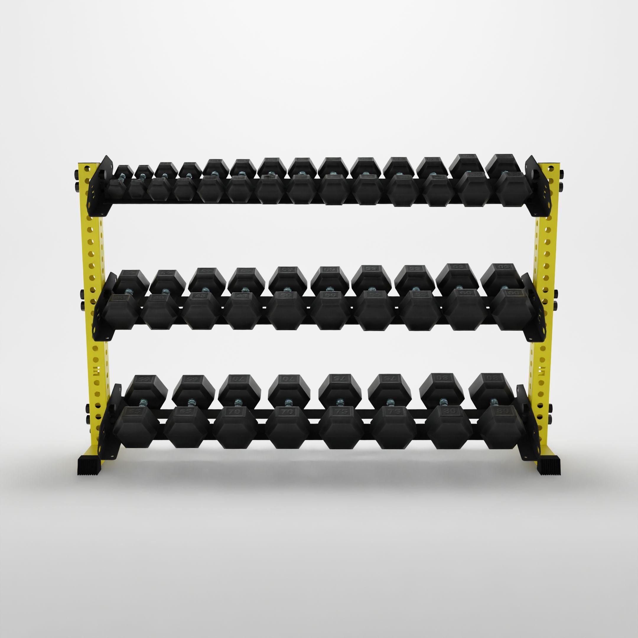 yellow 70-inch alpha 3-tier horizontal dumbbell rack storing hex dumbbells