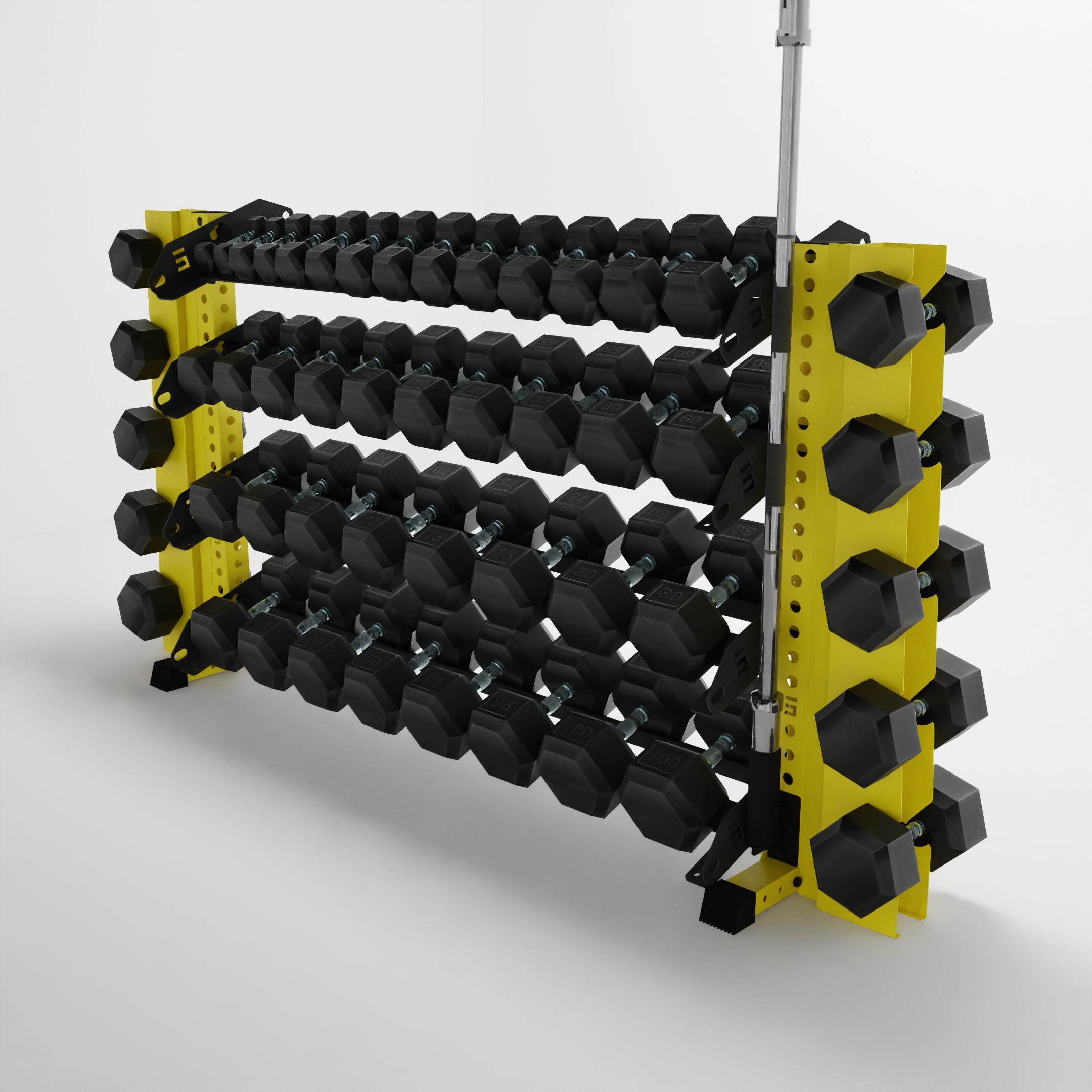 yellow 70-inch alpha 4-tier horizontal dumbbell rack with elite vertical add-ons storing hex dumbbells and a barbell using a storage attachment accessory