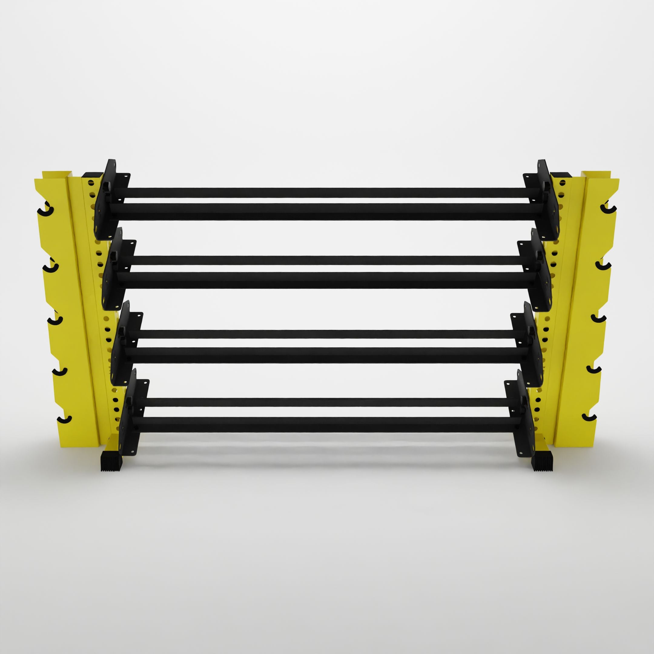 yellow 70-inch alpha 4-tier horizontal dumbbell rack with elite vertical add-ons